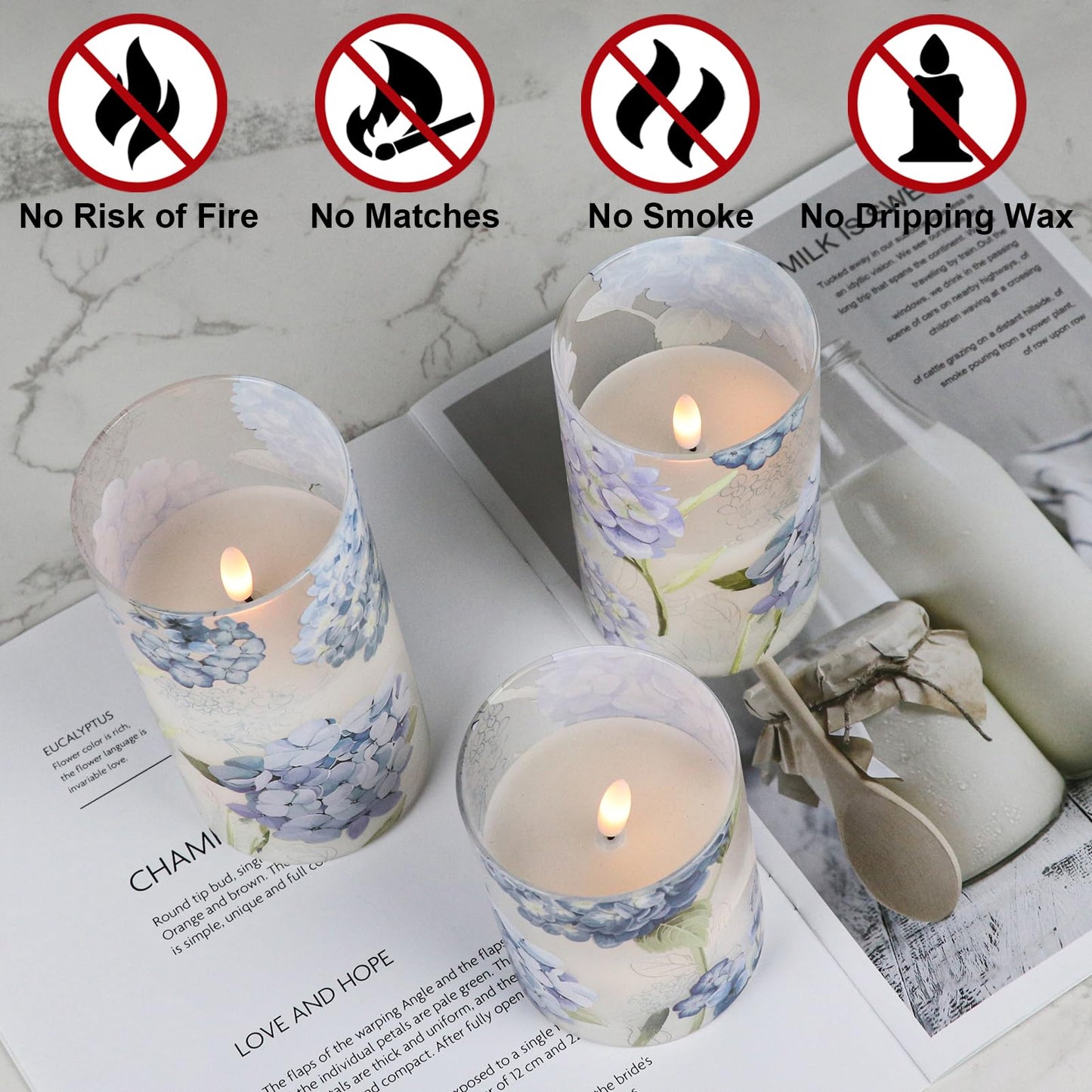 DRomance Rechargeable Hydrangea Glass Flameless Candles with Remote Timer Battery Operated LED Flickering Pillar Candles Real Wax Spring Dinner Christmas Holiday Decor D3 x H4, 5", 6"