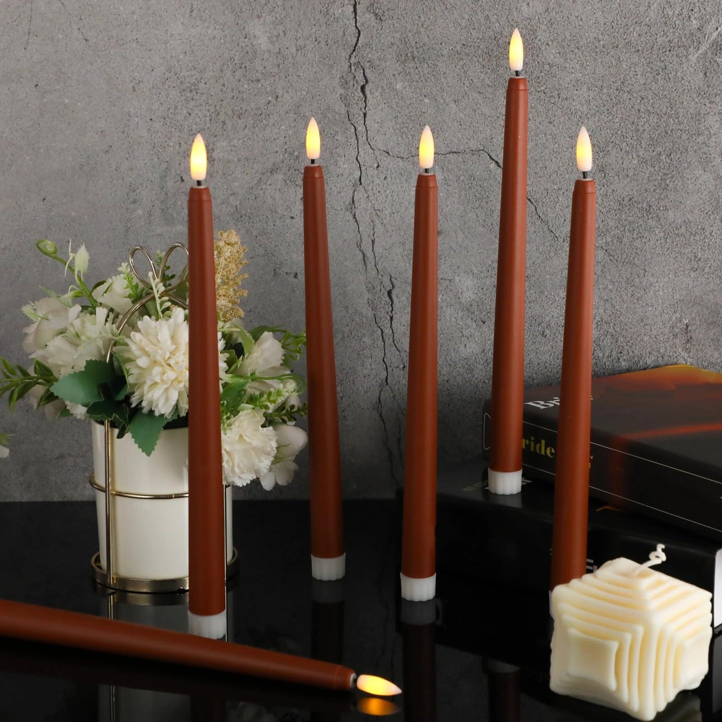 Macarrie 24 Packs Flameless Taper Candles Battery Operated Fake 11 Inch Long Candlelight LED Flameless Candlesticks Flickering Tapered for Spring Summer Wedding(Brown)