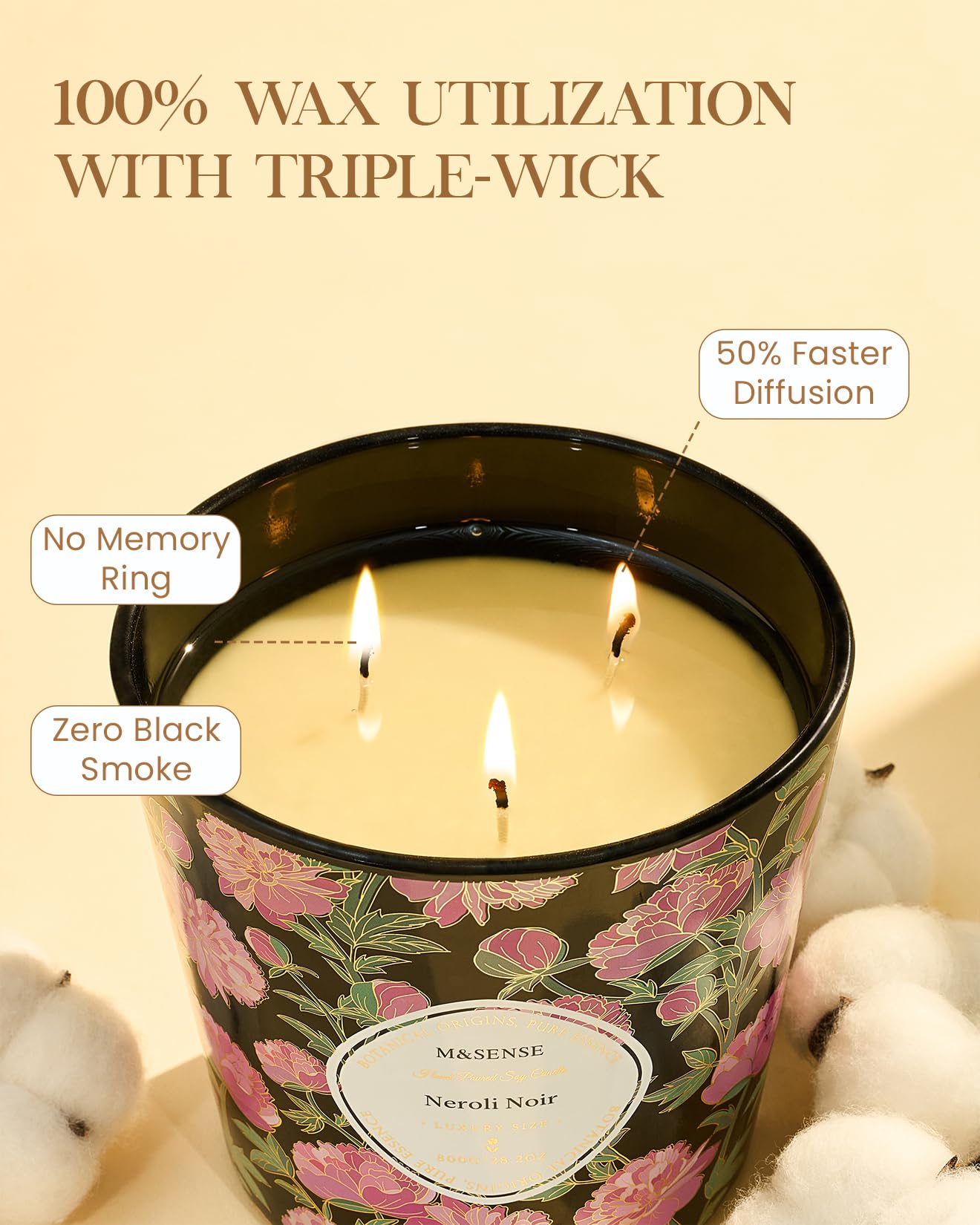 M&SENSE Neroli Noir Scented Candle, 28.2oz 3 Wick Natural Soy Wax Large Candles, Long Lasting Clean Slow Burning No Toxic Décor for Home Relaxation, Romantic Dates & Gift-Giving