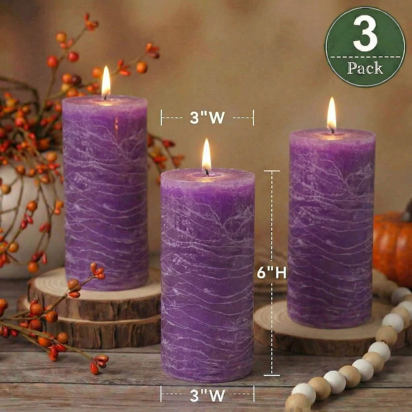 Richland Set of 3 Pillar Candles 3" x 6" Unscented (Lavender Rustic) for Weddings Home Holidays Relaxation Spa Church
