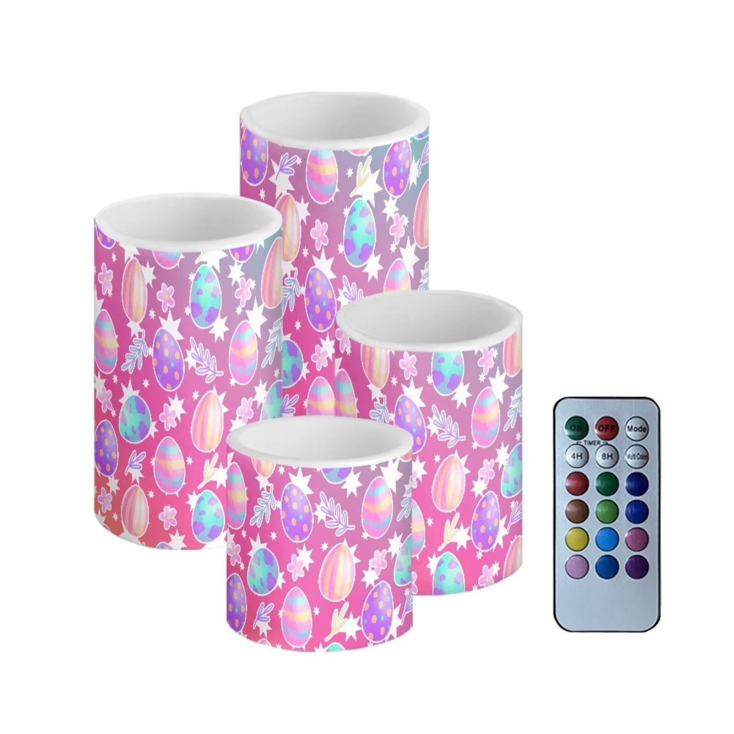 NETILGEN Easter Day Decorative Flickering Flameless Candles Set of 4, Battery Powered with Timer Remote LED Pillar Candles Colorful Easter Eggs Print