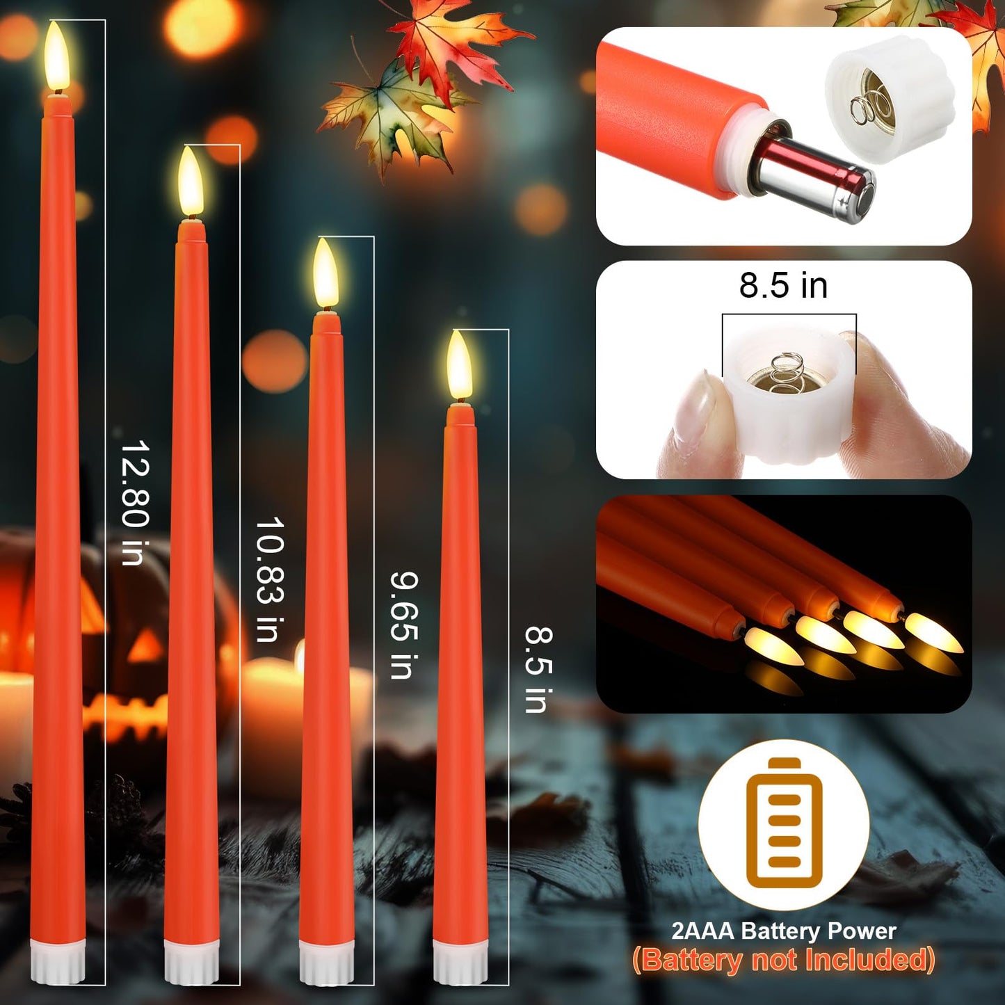 Rossesay 24 Pcs Flameless LED Taper Candles Battery Operated Candle 8.5", 9.65", 10.8", 12.8" Flameless Candlesticks Flickering for Christmas Church Wedding Indoor Decoration(Classic, Orange)