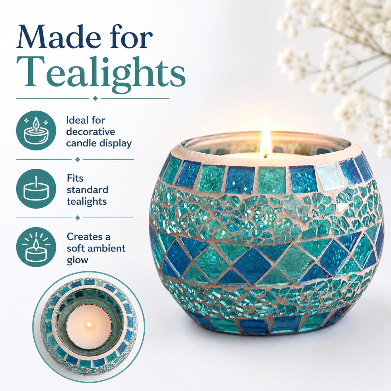Votive Candle Holder Tea Lights - Glass Candle Holders, Mosaic Tealight Candle Holder, Candle Jar Cup for Wedding Centerpiece Party Table Decorations, Valentines Day Decor