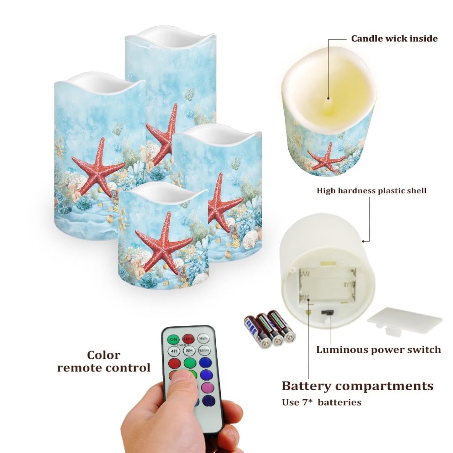 Cozeyat Starfish Sea Flameless Candles Set of 4 Battery Powered LED Pillar Candles with Remote Timer Flickering for Indoor Outdoor Table Beach Decor