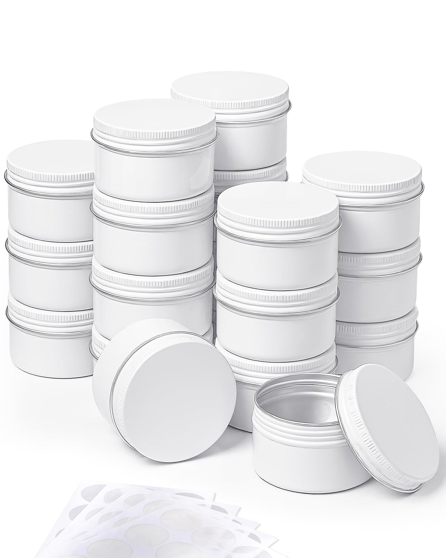 Patelai 36 Pcs 4 oz Metal Round Tins Aluminum Tin Cans Salve Tins Containers with Screw Lid 10 Sheets Stickers for Salve Spice Candies Balms Candles(White)