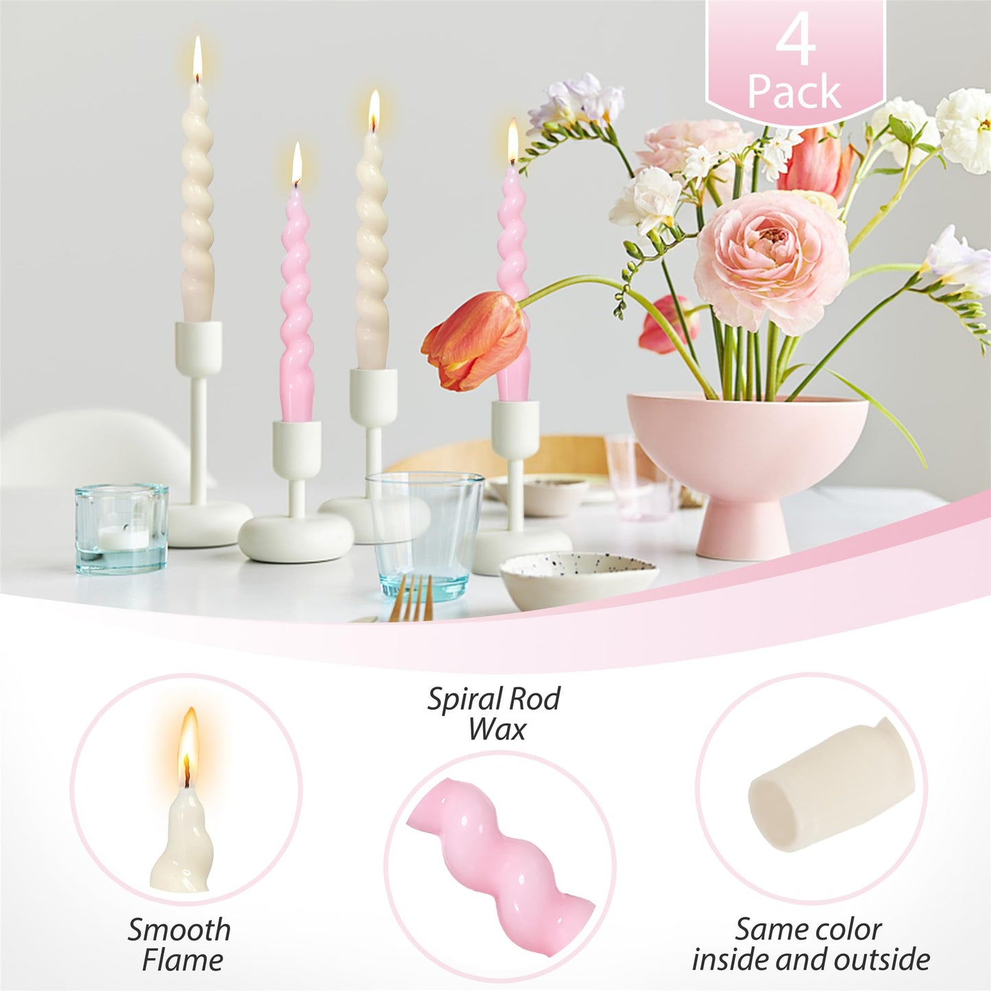 White & Pink Spiral Taper Candles - 7 Inch Short Twisted Candlestick Set, Dripless Decorative Candle Sticks for Easter Wedding Table Centerpiece Mother’s Day Home Party Decor,4 Pack