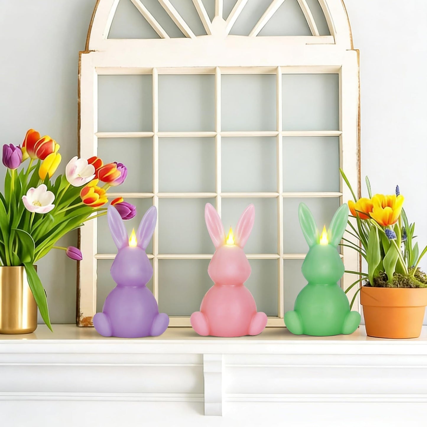 Leorate 6PCS Easter Bunny Flameless Candles – 7.5" Battery Operated LED Rabbit Candles with Flickering Flame, Green Purple Pink Real Wax Finish for Easter Decor, Table Centerpiece & Spring Home
