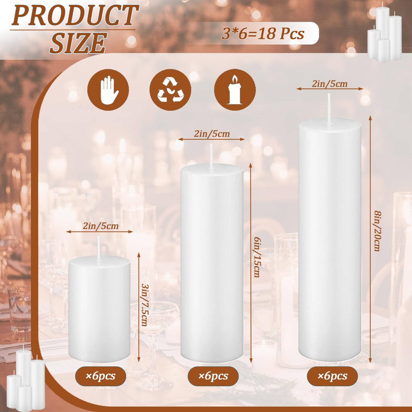 Trxvxo White Pillar Candles Bulk Set of 18，Hurricane Candles，3 Different Lengths 2 x 3/6/8 Inch (6 Each)，Dripless Unscented Smokeless，Gives You a Better Atmosphere When Organizing an Event Party.