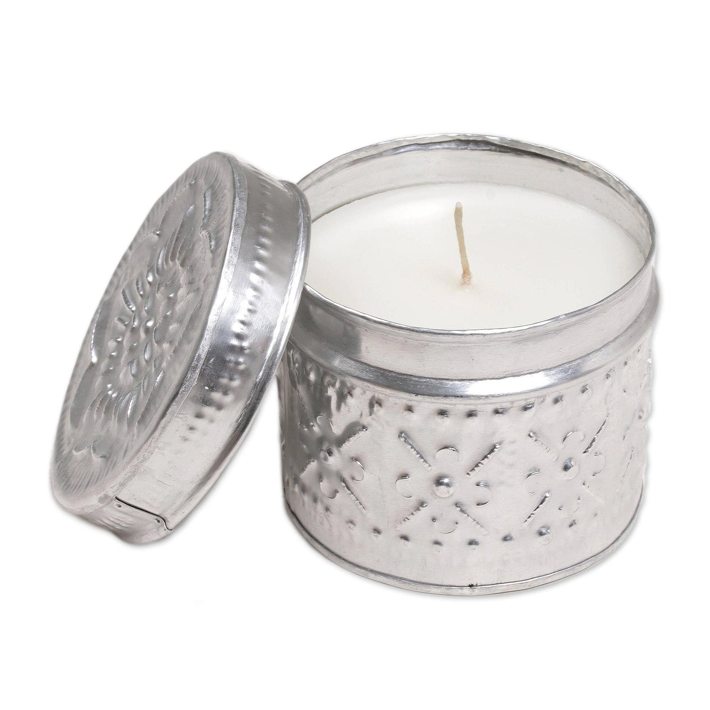 NOVICA Artisan Handmade Aluminum Tinned Candle Ecofriendly Beeswax Floralthemed Metallic Indonesia Lamps Lighting Candles [2.4in H x 2.4in Diam.] ' Soft Light'