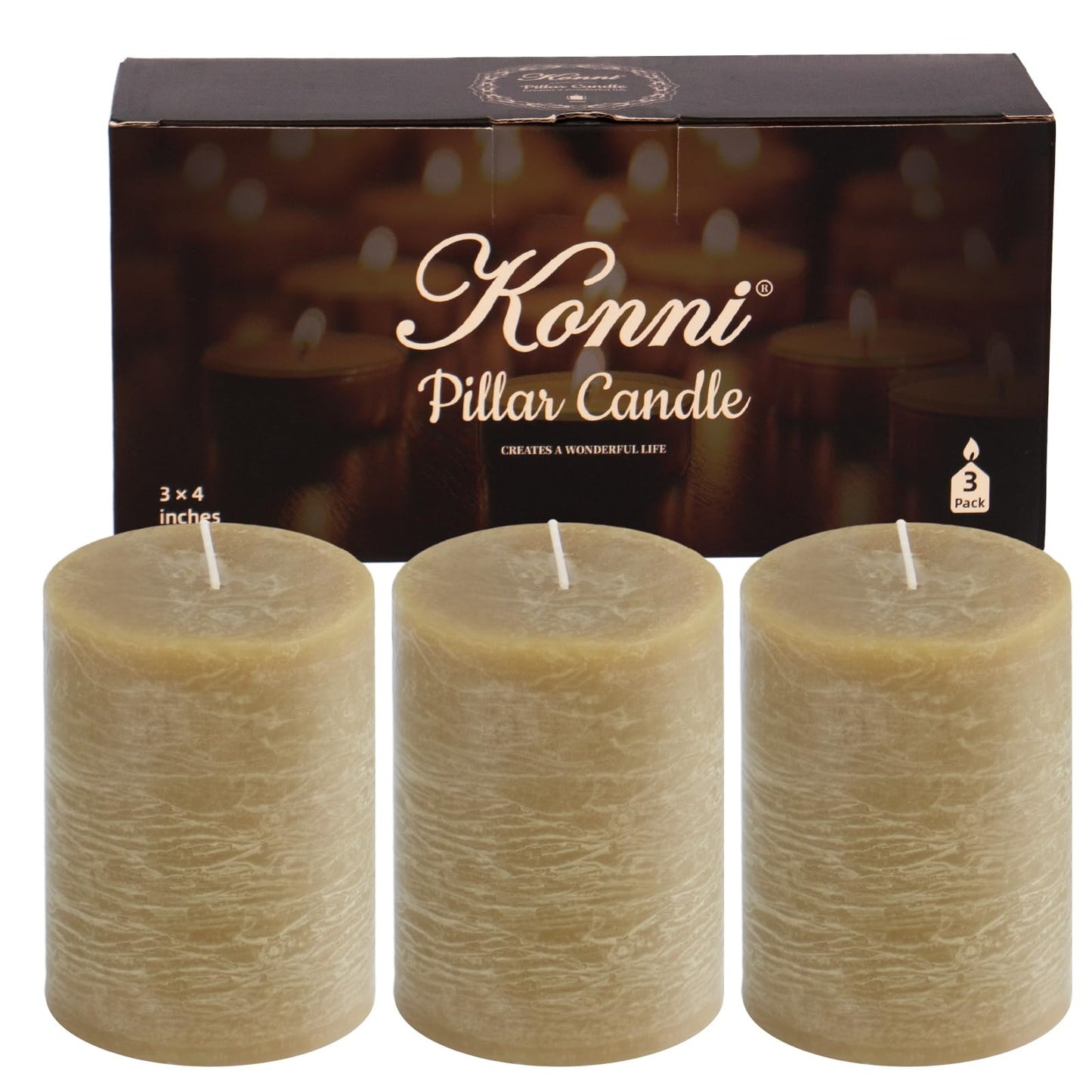KONNI Wax Yellow Pillar Candles Set of 3, 3"x 4" Unscented Pillar Candles Bulk, 39 Hours Long Burning Candles, Smokeless&Dripless Large Round Candle for Wedding, Home Decoration, Parties, Spas, Dinner