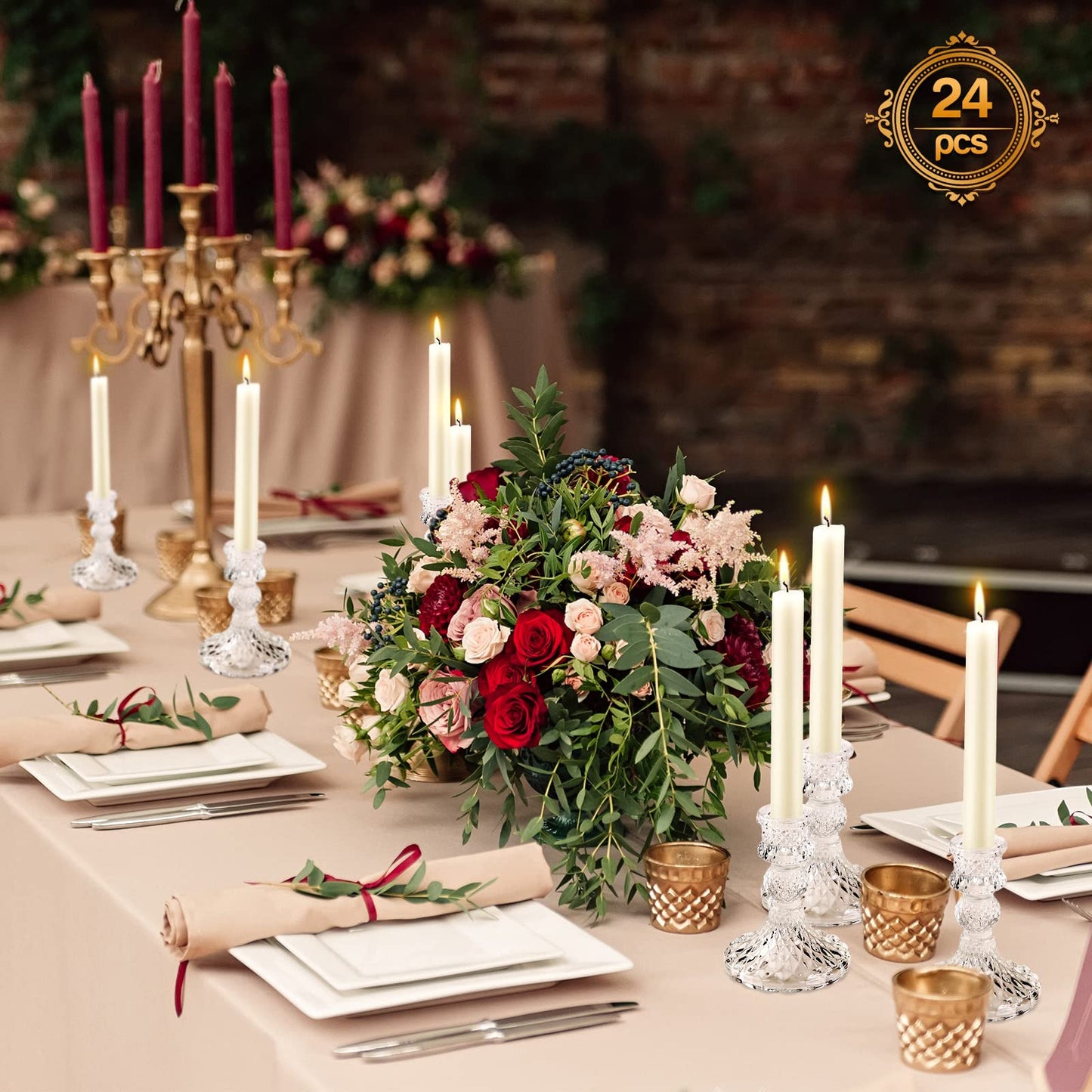Sieral 24 Pcs Clear Taper Candle Holders 4'' Tall Glass Candlestick Holders Bulk Crystal Decorative Stand Wedding Stick Holder for Anniversary Party Dining Table Festival Decor