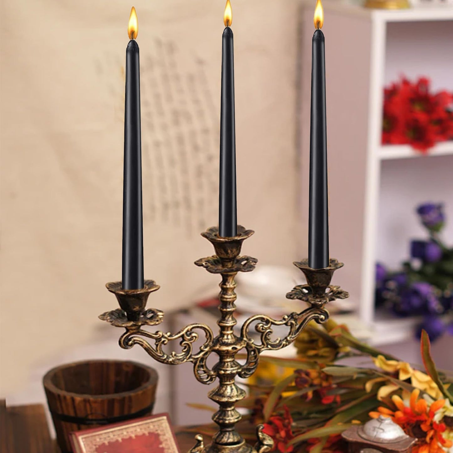 10 inch Black Taper Candles Set of 4 Tapered Candle, Tall Candlesticks,Dripless and Smokeless,Home Dinner Candl, Party, Wedding, Halloween, Christmas(9.9 inch, Black)