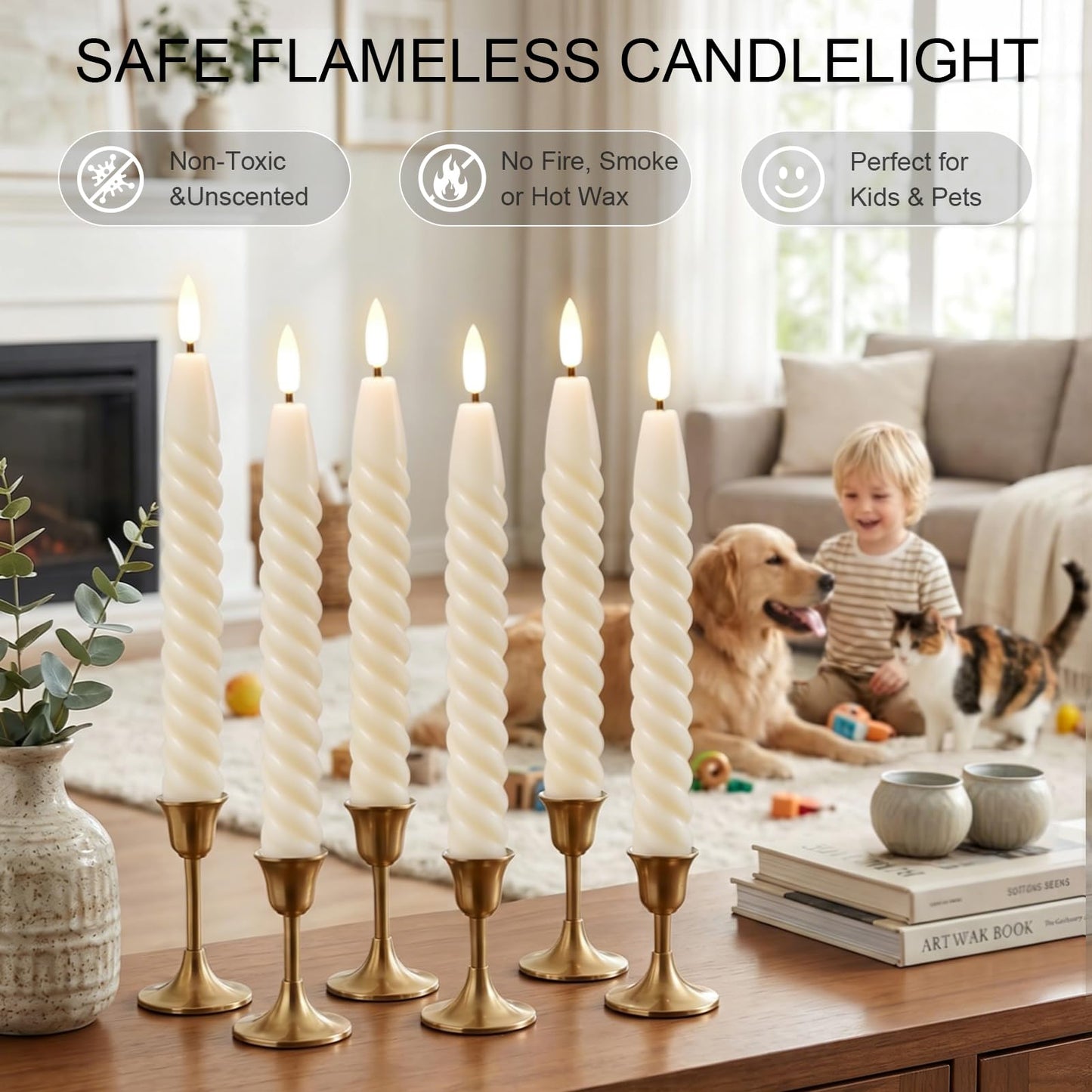 Lasumora Flameless Taper Candles Real Wax Flickering with Remote Timer, Pastel Ivory 3D Wick LED Spiral Candles Battery Operated 6 Pack 9.8 inch, Wedding Birthday Home Party Holiday Dinner Decor
