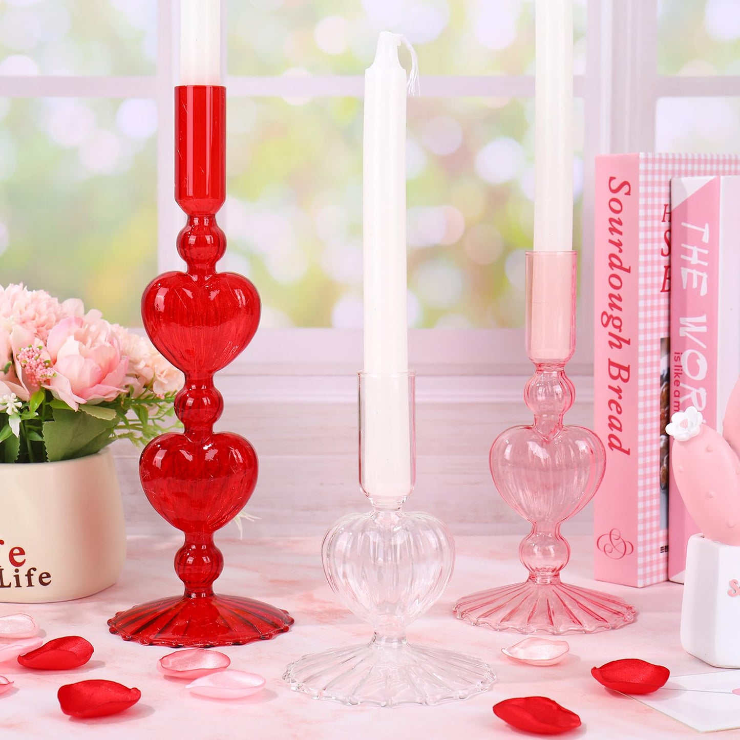 JarThenaAMCS 3Pcs Valentine's Day Taper Candle Holder Glass Candlestick Holder Clear Red Pink Heart Candle Stick Vase for Wedding Anniversary Party Table Centerpiece Decor