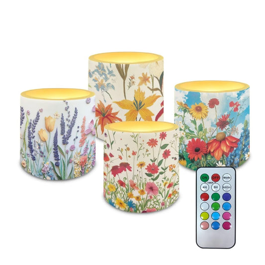 NETILGEN Colorful Flowers Blossom Flameless Candles with Remote Control and Timer Pack of 4 Color Changing Battery Operated LED Pillar Candles for Home Decoration