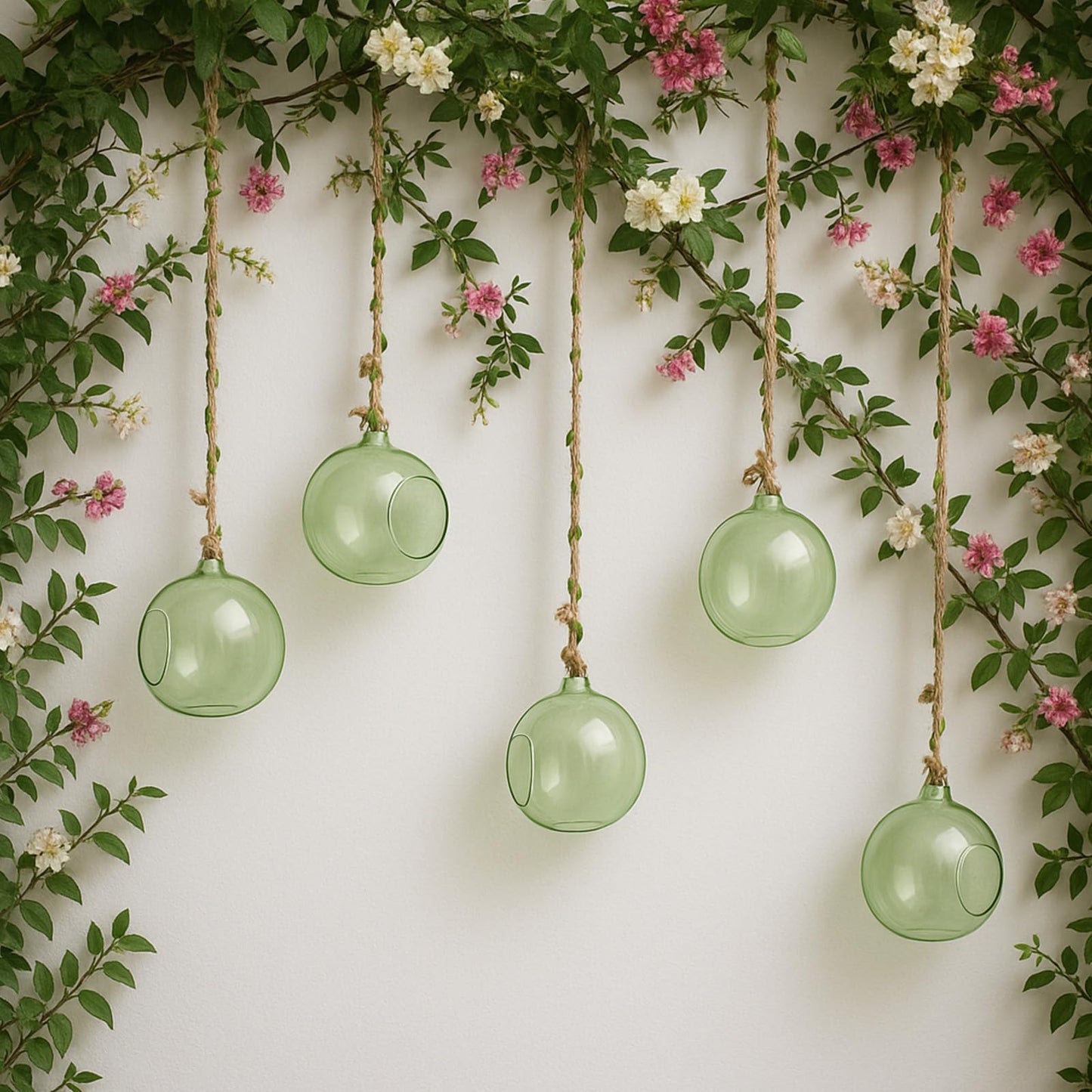GlikCeil 26 Pcs 3.15'' Hanging Glass Candle Holder with Burlap Leaf Ribbon, Glass Orbs Air Plants Tea Light Candle Holders, Globe Plant Terrariums for Decor Indoor Outdoor Garden DIY (Green)
