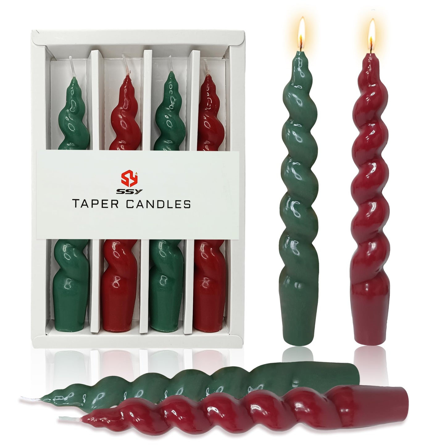 7.5 Inch Red and Green Spiral Taper Candles Set of 4, Handmade Unscented Twisted Dinner Candles for Candlestick Holders, Christmas Wedding Table Decor