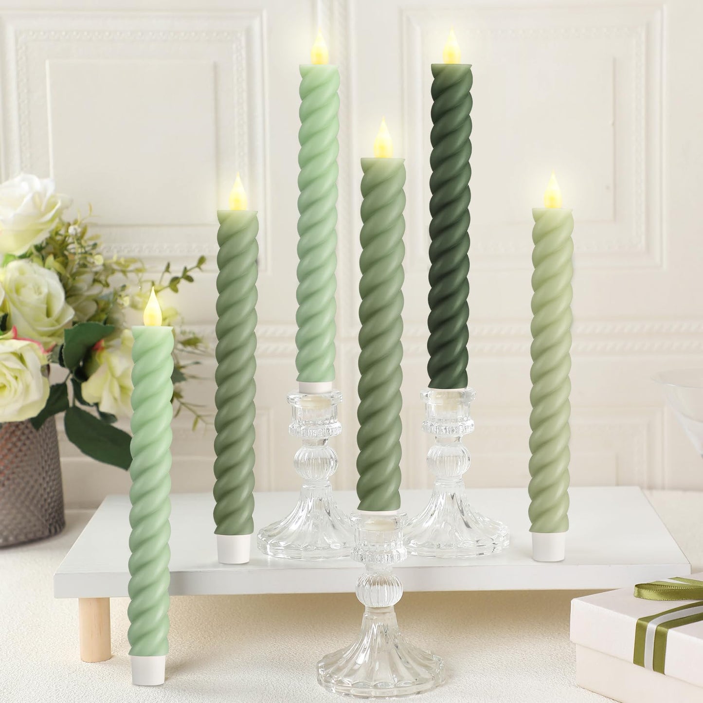 Baquler 6 Pcs Sage Green Flameless Taper Candle Twisted LED 9.65 Inch Taper Candles Battery Operated Twisted Candlesticks for Summer Wedding Birthday Home Party Holiday Dinner Fireplace Decor