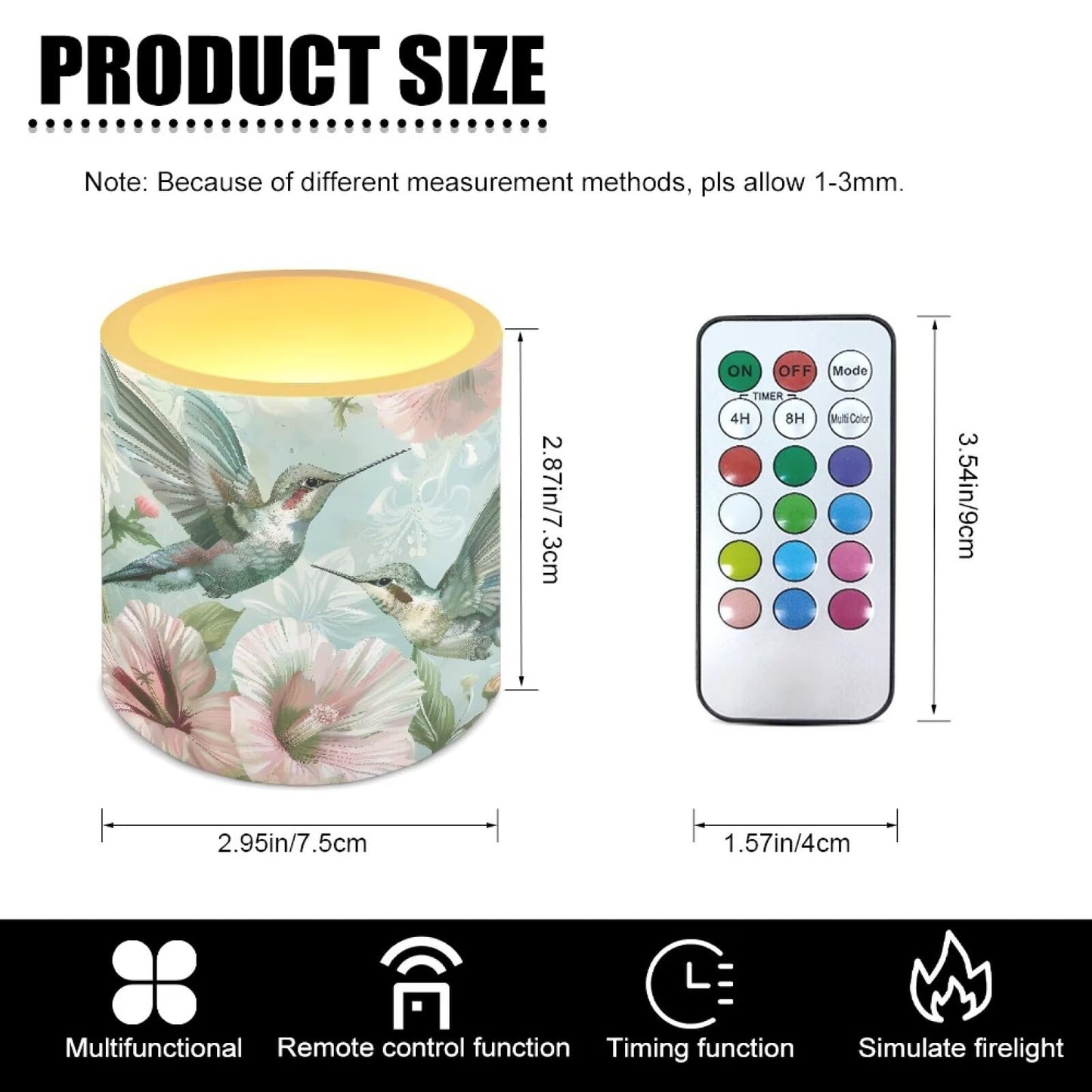 Merkmak 4 Pack Flameless Candles with Remote Battery Operated Pillar Candles with Timer, Boho Floral Hummingbird LED Elictric Tealights for Banquet Home Decorations