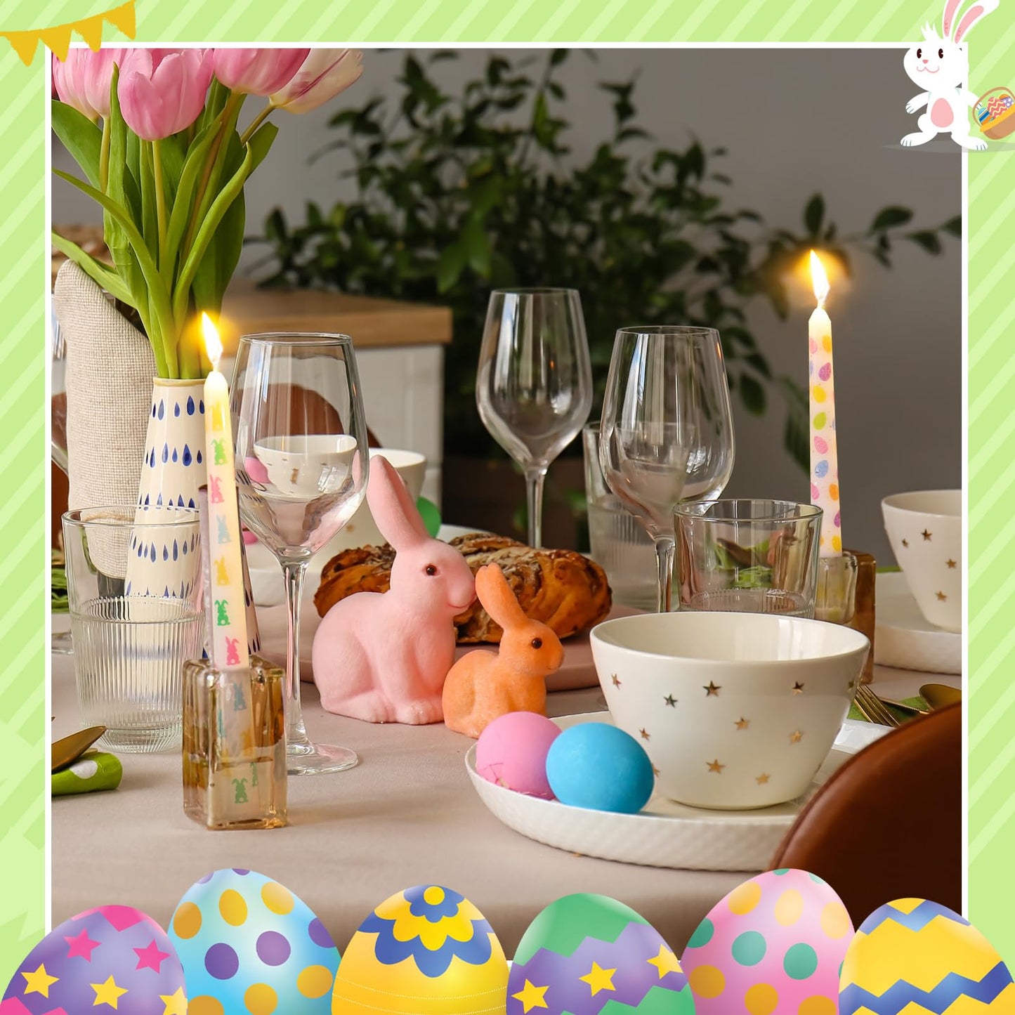 Threlaco 12 Pcs Bunny and Egg Taper Candles Set 10 Inch Pastel Spring Candle Sticks for Table Decoration Dinner Party Holiday Decor Basket Stuffer
