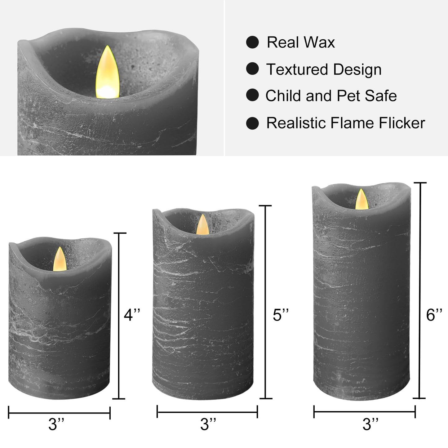 EZiKitchen Real Wax Flameless Candles Set of 3 (D 3" x H 4" 5" 6") Battery Operated LED Candle with Timer Home Decorative Pillar Flickering Lights,Wedding Party Events Decor,Grey