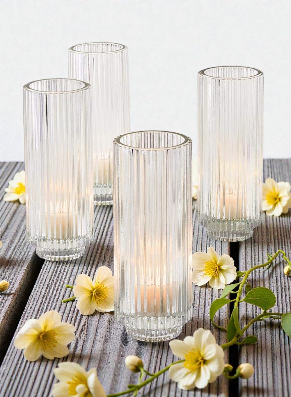 Serene Spaces Living Slim Clear Ribbed Glass Votive Holder, Decorative Centerpiece for Wedding, Christmas, Thanksgiving, Living Room, Home Décor, 2.25" Diameter & 6.25" Tall, Pack of 24
