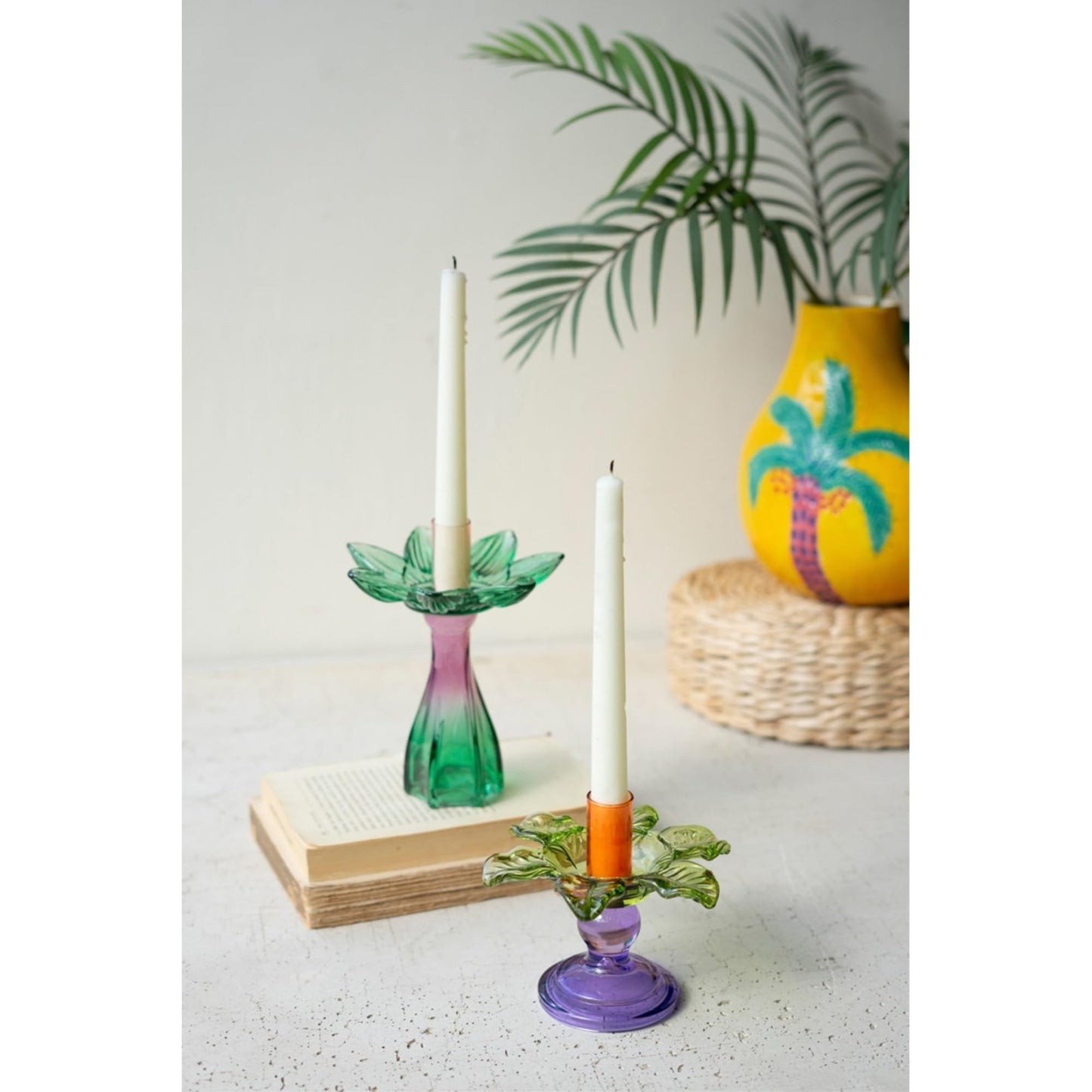 Set of Two Colored Glass Flower Taper Candle Holders