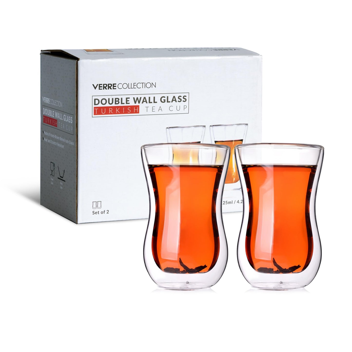Verre Collection Turkish Tea Cups 4.25 oz, Lightweight Turkish Tea Glasses, Heat Resistant Double Wall Tea Cups, Insulated Turkish Tea Set of 2