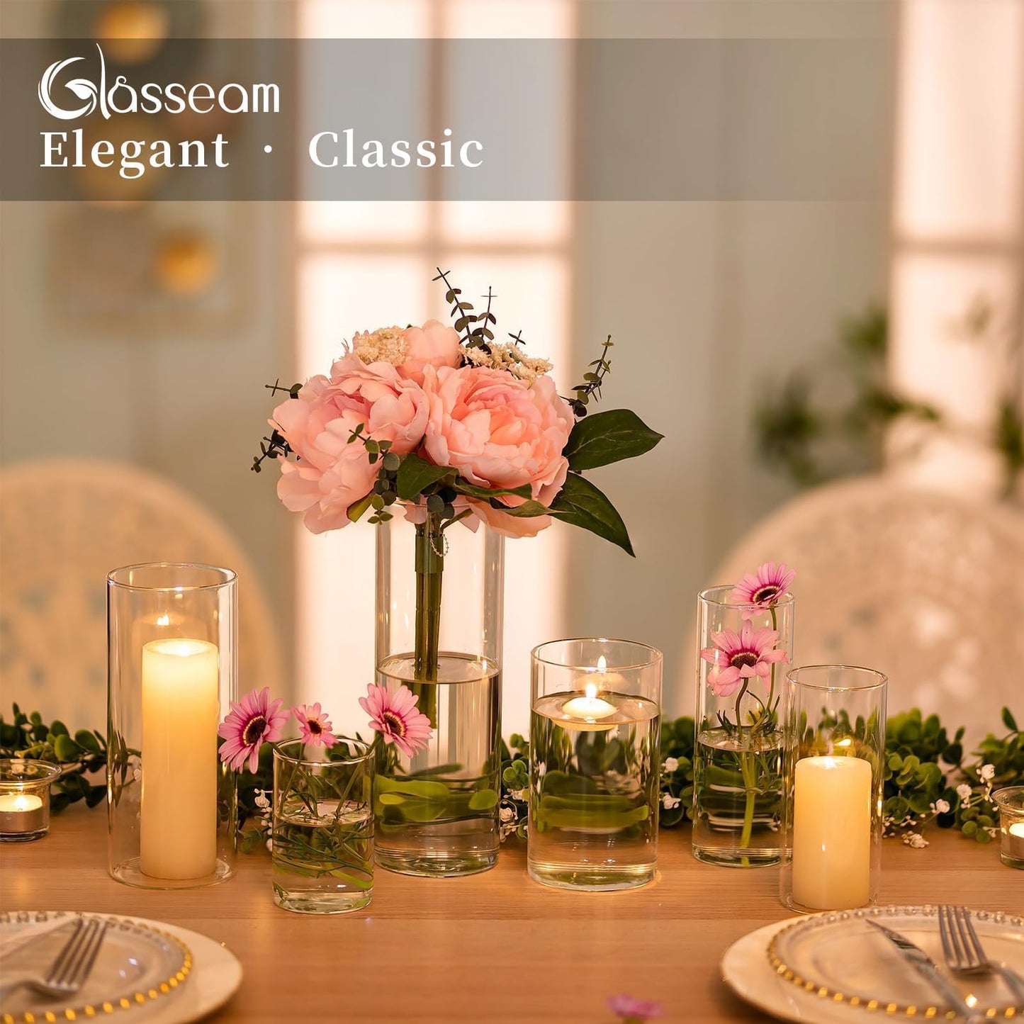 Glasseam Clear Cylinder Vases Set, 24Pcs Glass Vases for Centerpieces Bulk, Modern 2" Floating Candle Centerpieces for Decor, Hurricane Candle Holders for Wedding Table Decorations, Tall 4"+6"+8"