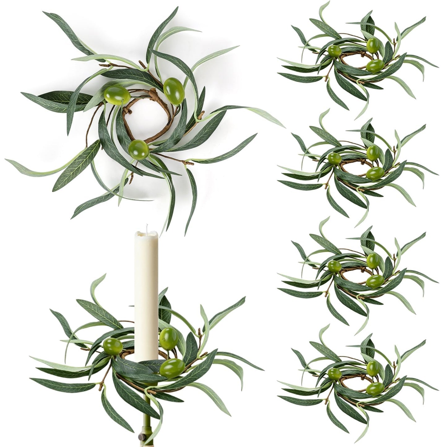 6 PCS 1.38" Mini Spring Summer Taper Candle Ring Mini Green Olive Candle Rings for Tapers Small Artificial Greenery Candle Holder Wreaths for Table Centerpieces Home Wedding Candlesticks Decor