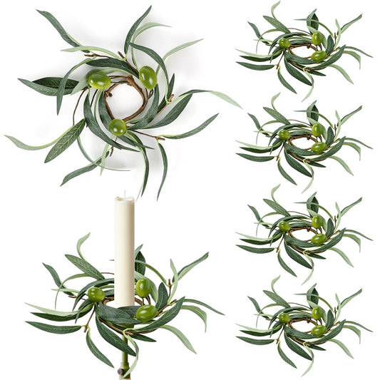 6 PCS 1.38" Mini Spring Summer Taper Candle Ring Mini Green Olive Candle Rings for Tapers Small Artificial Greenery Candle Holder Wreaths for Table Centerpieces Home Wedding Candlesticks Decor