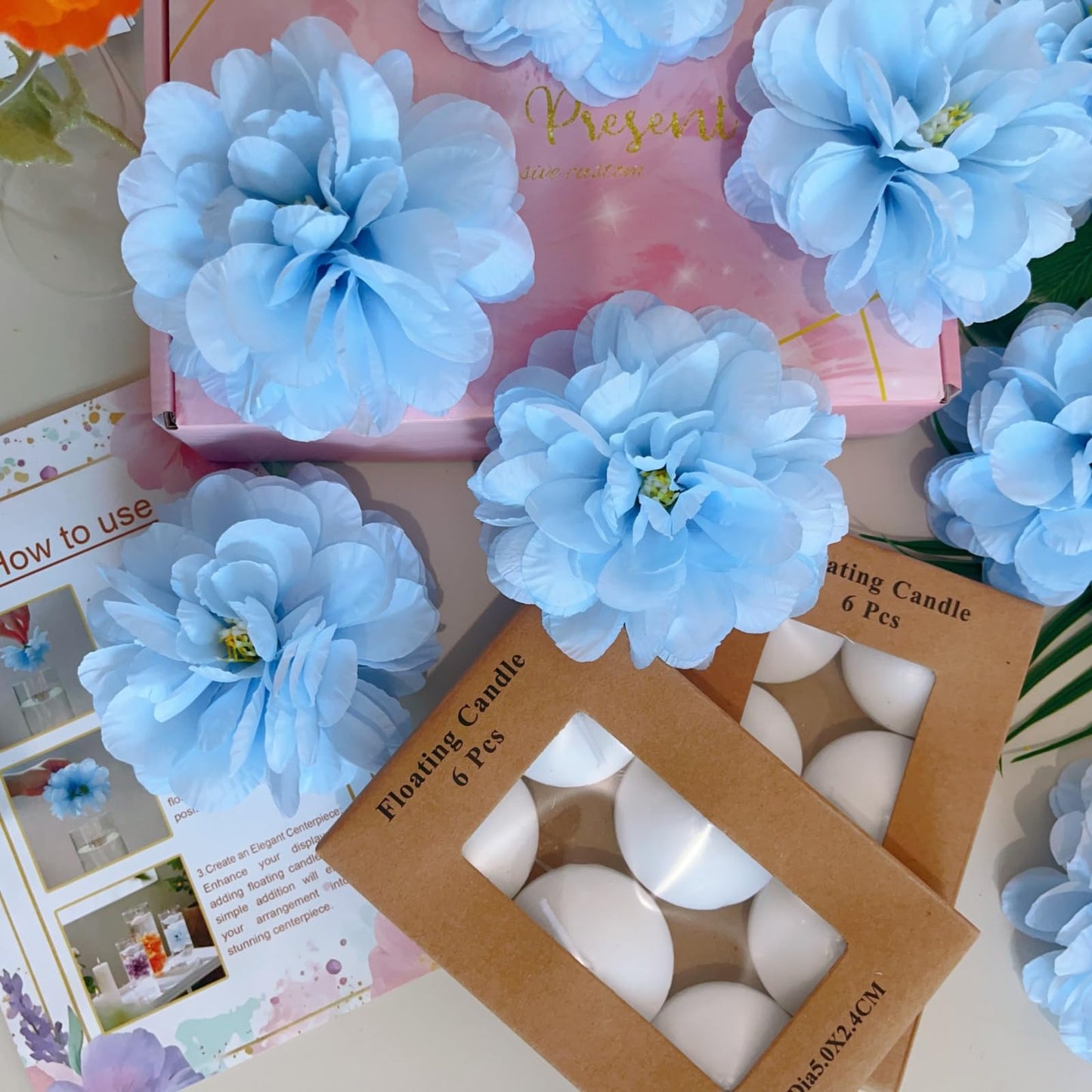 ZJGXH 24 Pcs Floating Candles for Centerpieces and Floating Flowers Vase Fillers for Centerpieces Artificial Blue Flowers for Wedding Party Home Table Decoration