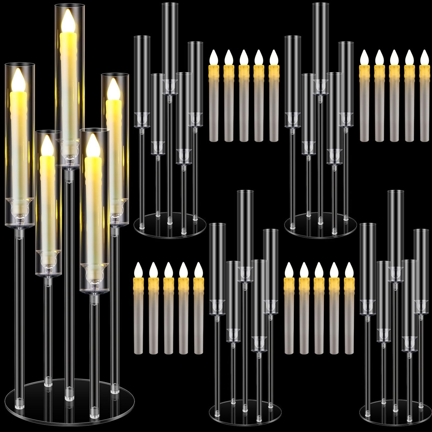 FoldTier 4 Sets 5 Arm Acrylic Candelabra Holder for Wedding Table Centerpiece 27inch Tall Floor Clear Candle Centerpieces with LED Candles and Shade for Proposal Ceremony Birthday Party Home Decor