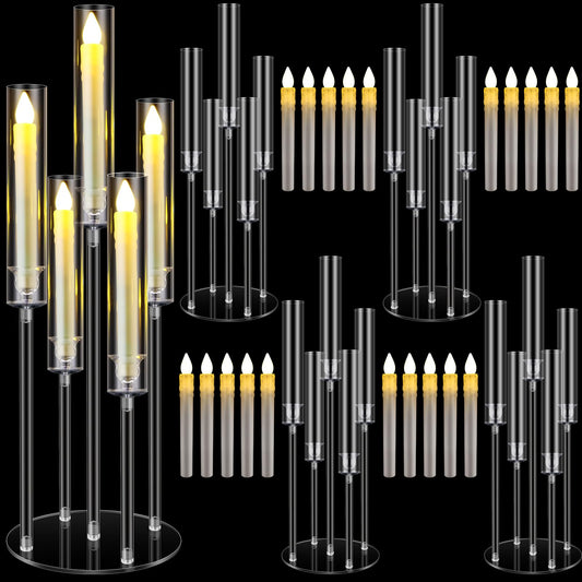 FoldTier 4 Sets 5 Arm Acrylic Candelabra Holder for Wedding Table Centerpiece 27inch Tall Floor Clear Candle Centerpieces with LED Candles and Shade for Proposal Ceremony Birthday Party Home Decor