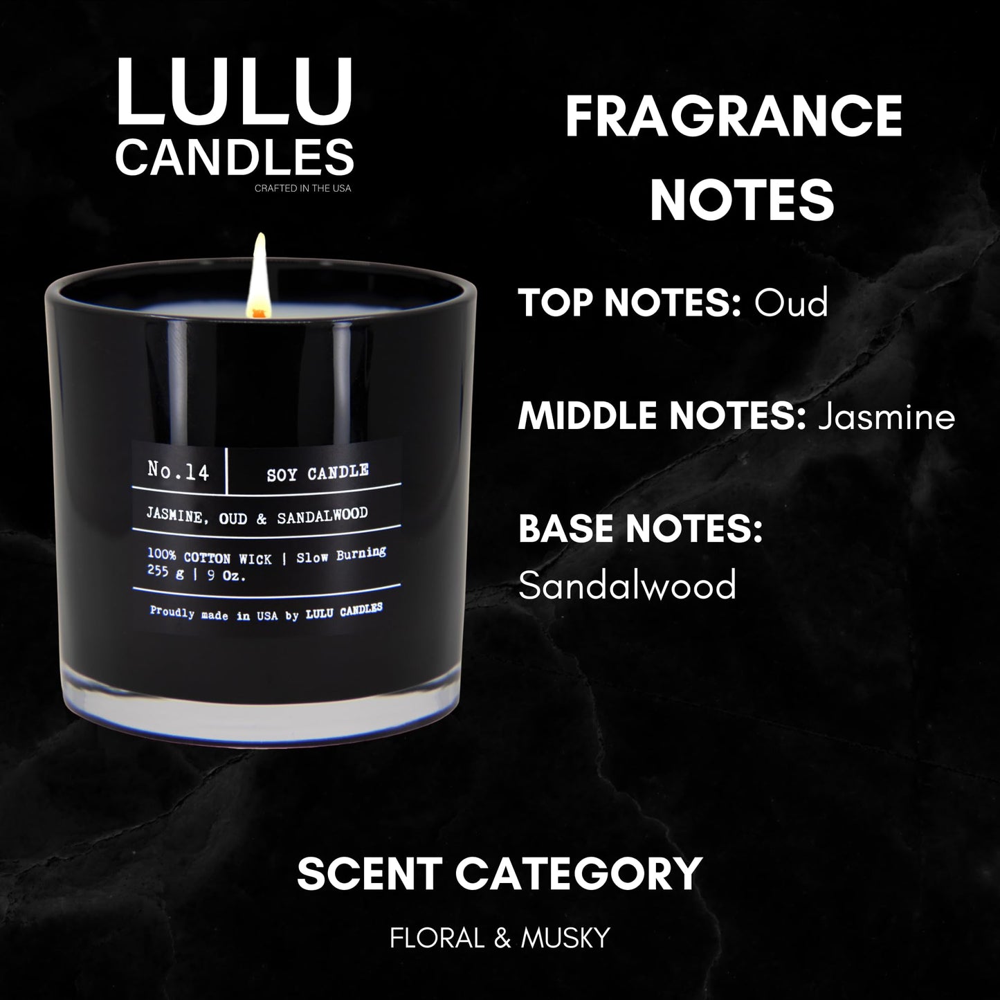 Lulu Candles | Jasmine, Oud & Sandalwood | Luxury Scented Soy Jar Candle | Hand Poured in The USA | Highly Scented & Long Lasting (9 Oz. 2 Pack)