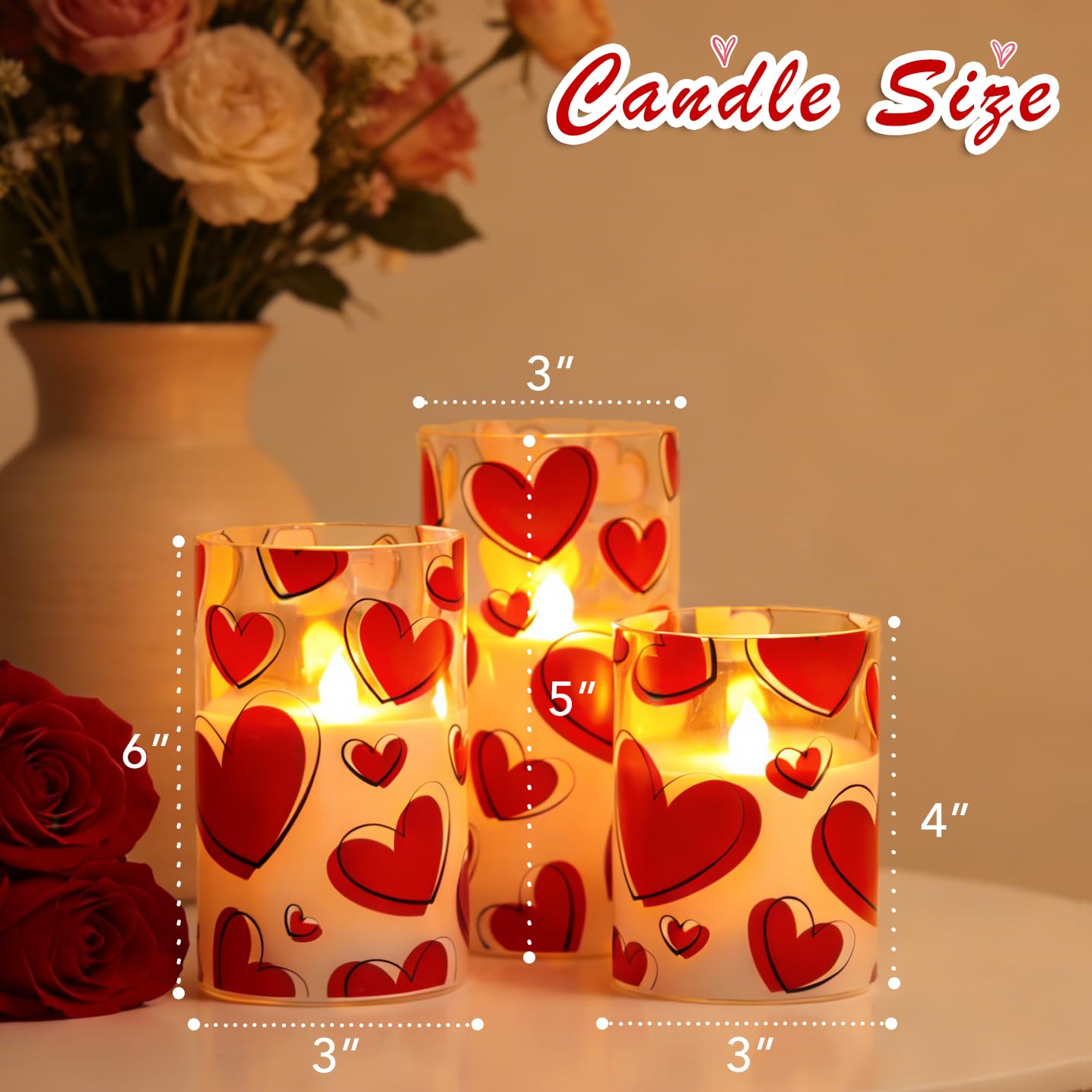 AFINETH Valentines Day Flameless Candles with Remote, Red Heart Glass Battery Operated Candles, Real Wax Flickering LED Pillar Candles for Proposal Wedding Anniversary Romantic Night, 3 Pack