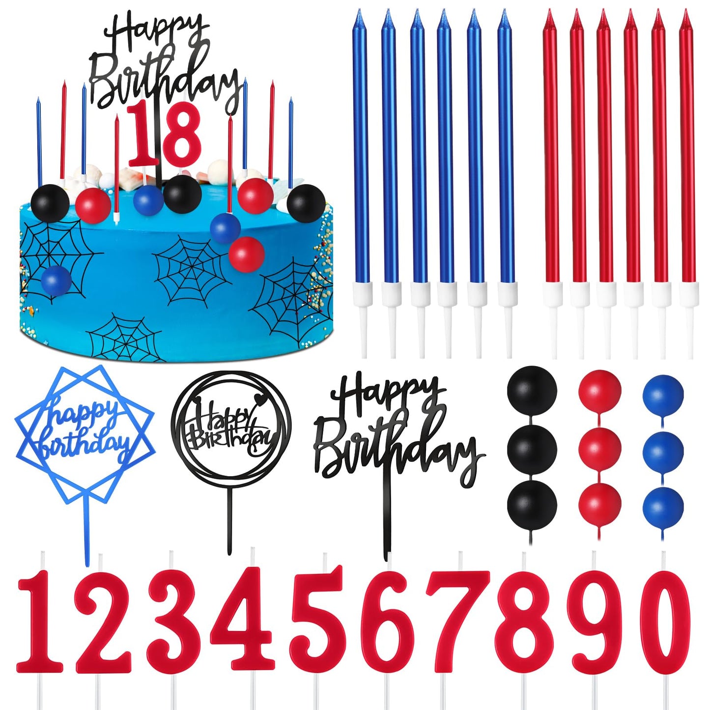 Yerliker 34 Pcs Happy Birthday Cake Toppers Decorations Birthday Candles DIY Cake Decor for Men Women Wedding Anniversary(Blue Red Black)