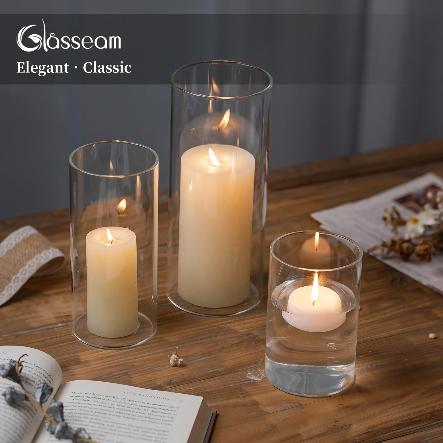 Glasseam Hurricane Glass Candle Holders: 6 Pcs Clear Cylinder Vases for Centerpieces Large Pillar Candle Holder for Floating Candles Set Modern Home Decor Wedding Table 5.3'' 7.3'' 9.5'' Height