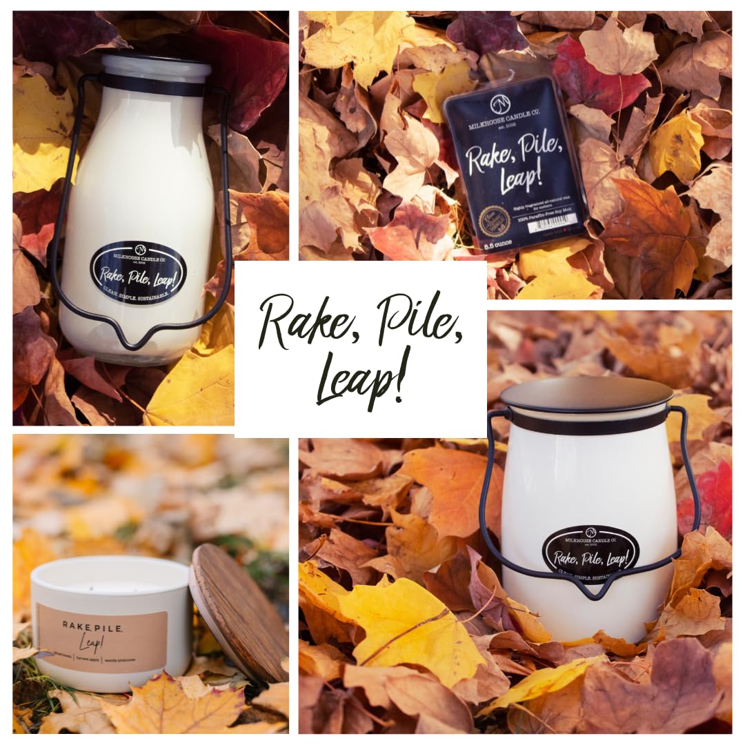 Milkhouse Candle Company Rake, Pile, Leap! Soy Candle - Spiced Leaves | Harvest Apple | Woody Pinecones Scented - 10 oz Signature Statement Candle with Lid, 20+ Hour Burn Time, Made in the USA