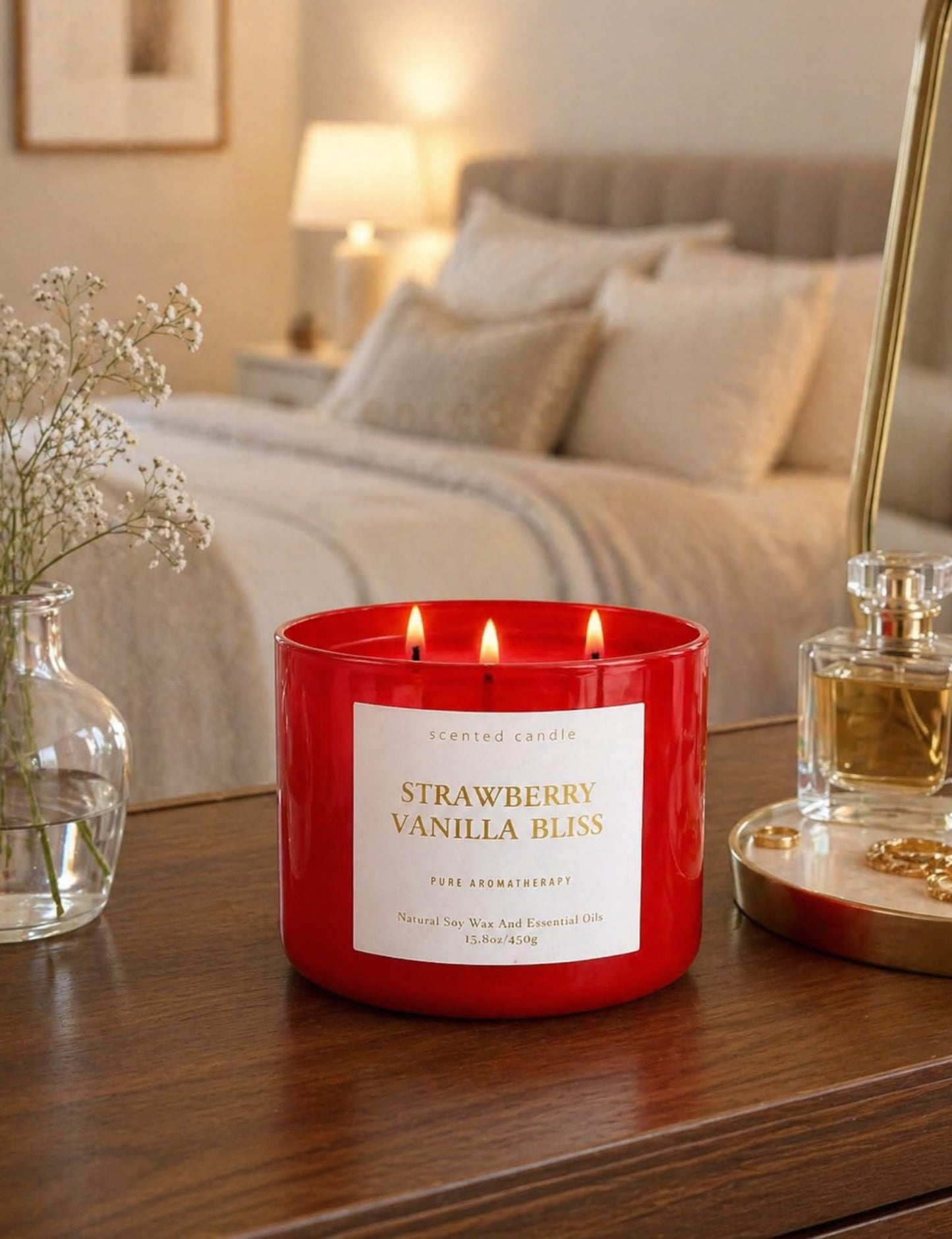Strawberry Vanilla Bliss 3-Wick Soy Candle | 15.8 oz Large Aromatherapy Candle for Home | Clean Burn Long Lasting | Berry Vanilla Scent | Gift Ready
