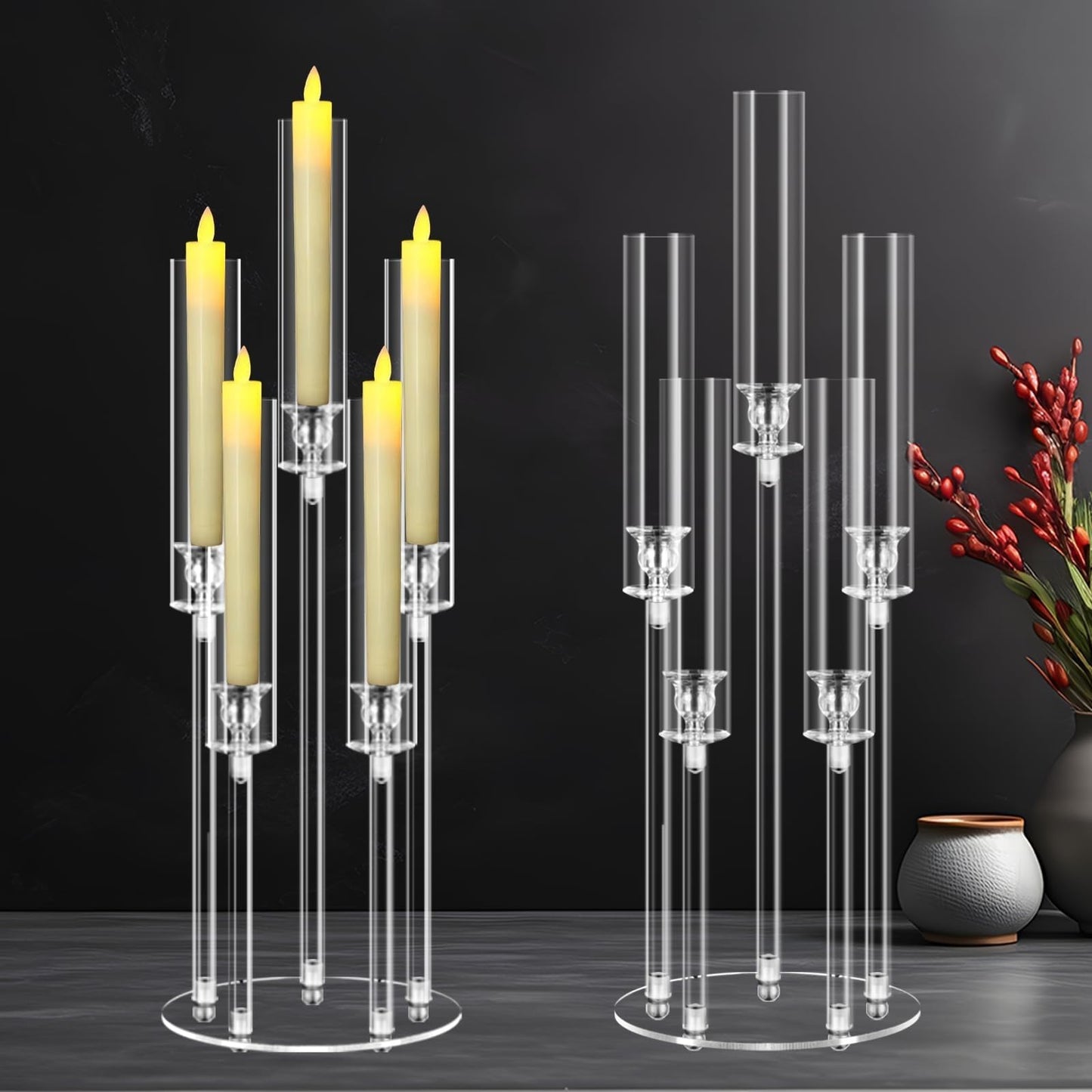 5 Arms Acrylic Candelabra Centerpieces for Tables, Clear Candle Holder for Halloween Christmas Wedding Party Decor, 27" Tall Candlestick Holders with Lampshade, Fits LED Candle(2pcs)