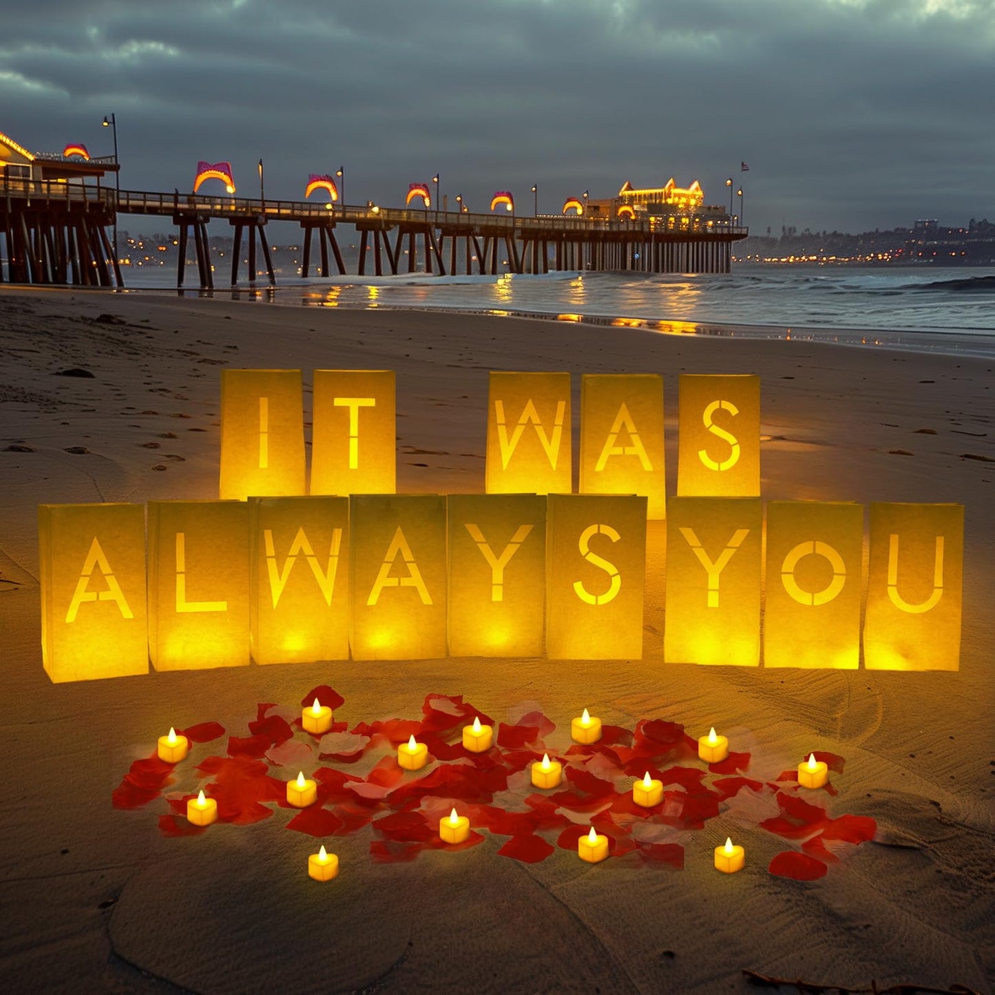 Homemory It was Always You Light Up Letters with Flameless Candles and 2000 Fake Rose Petals, Valentine's Day Luminary Bags Romantic Decorations Special Night for Proposal Wedding Anniversary
