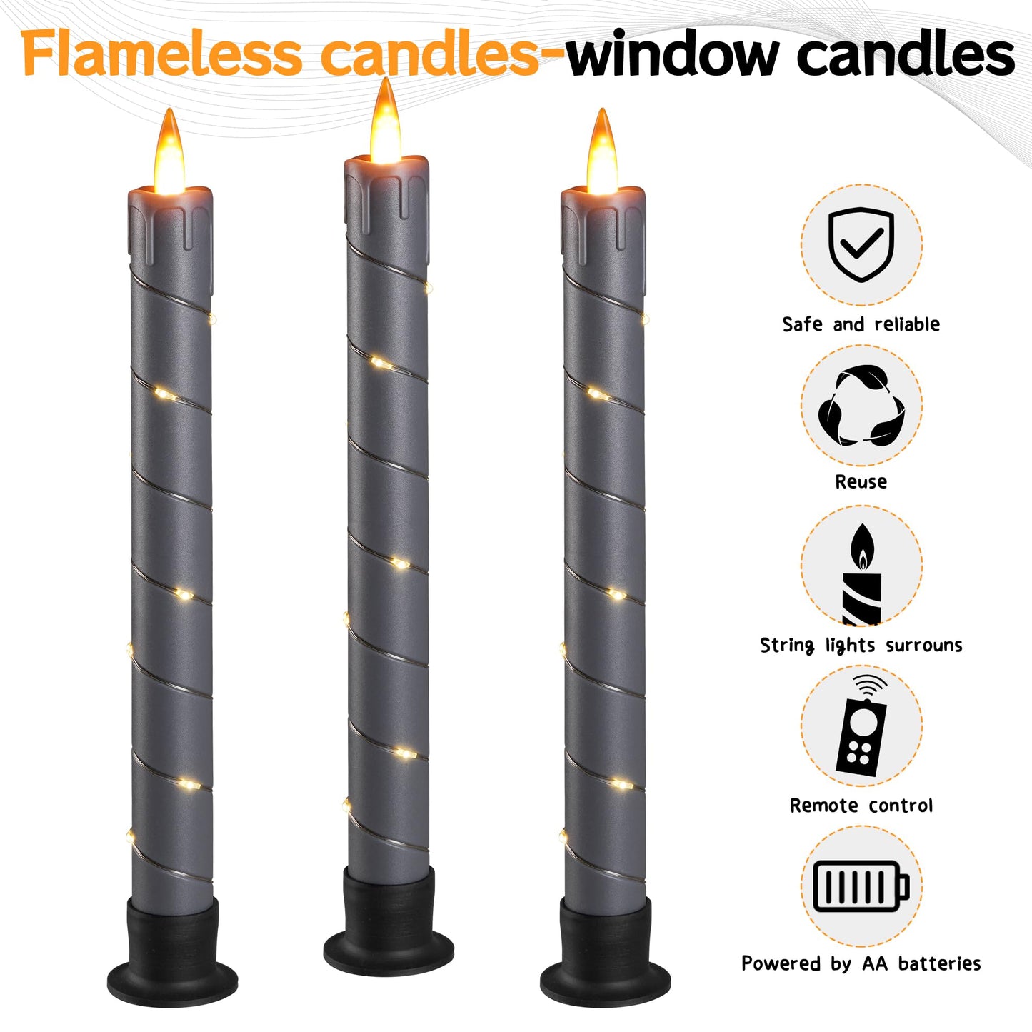 3 Pack Gray Dripping Wax Flameless Candles, Realistic Dynamic Flame LED Taper Candles with Surrounding Fairy String Lights, Remote Control Battery Operated Candles for Home Wedding Holiday Decor