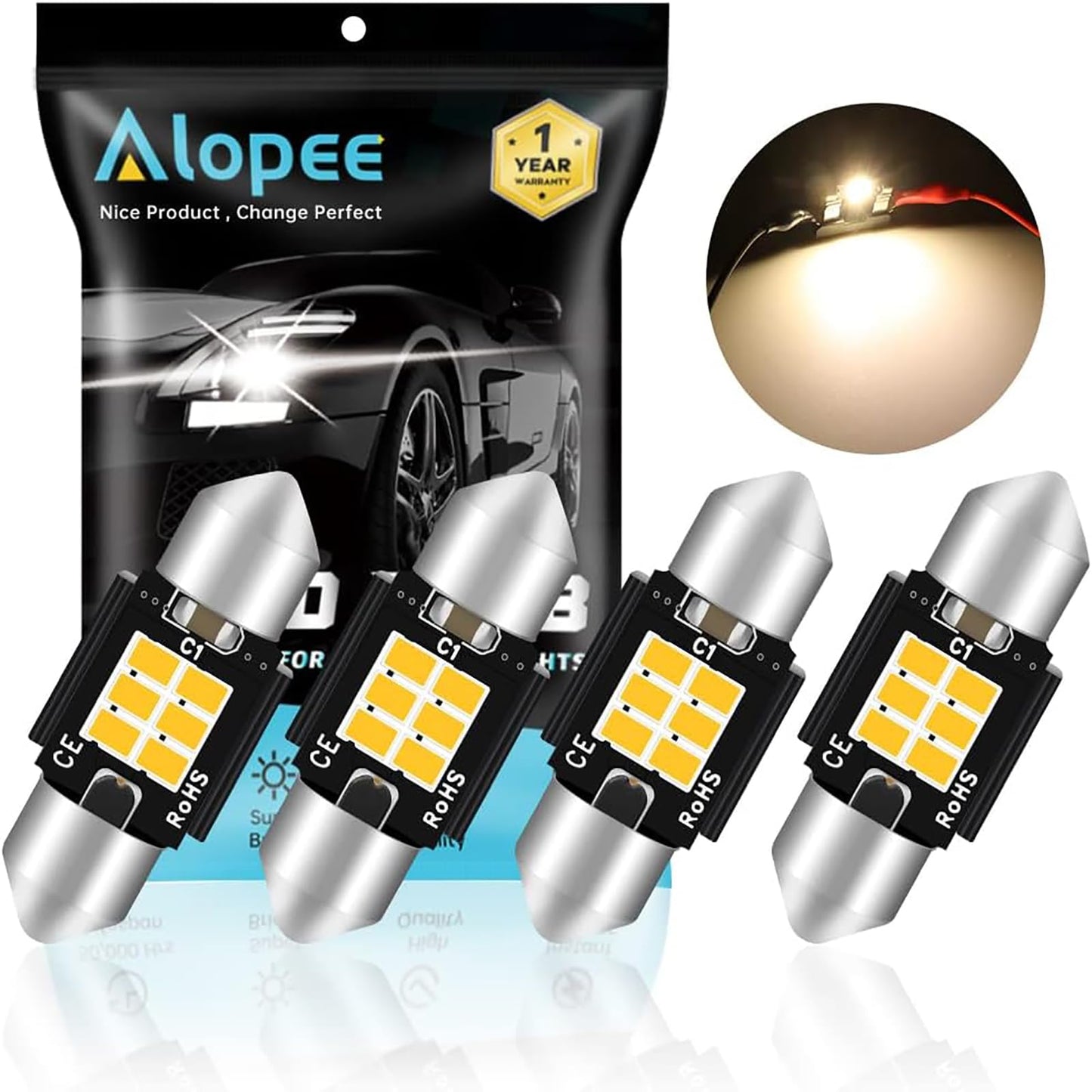 Alopee 6418 LED Bulb Dome Light 36mm Soft White 3000K Non-Polarity Error Free Model AM-3020-6SMD-WW-36MM