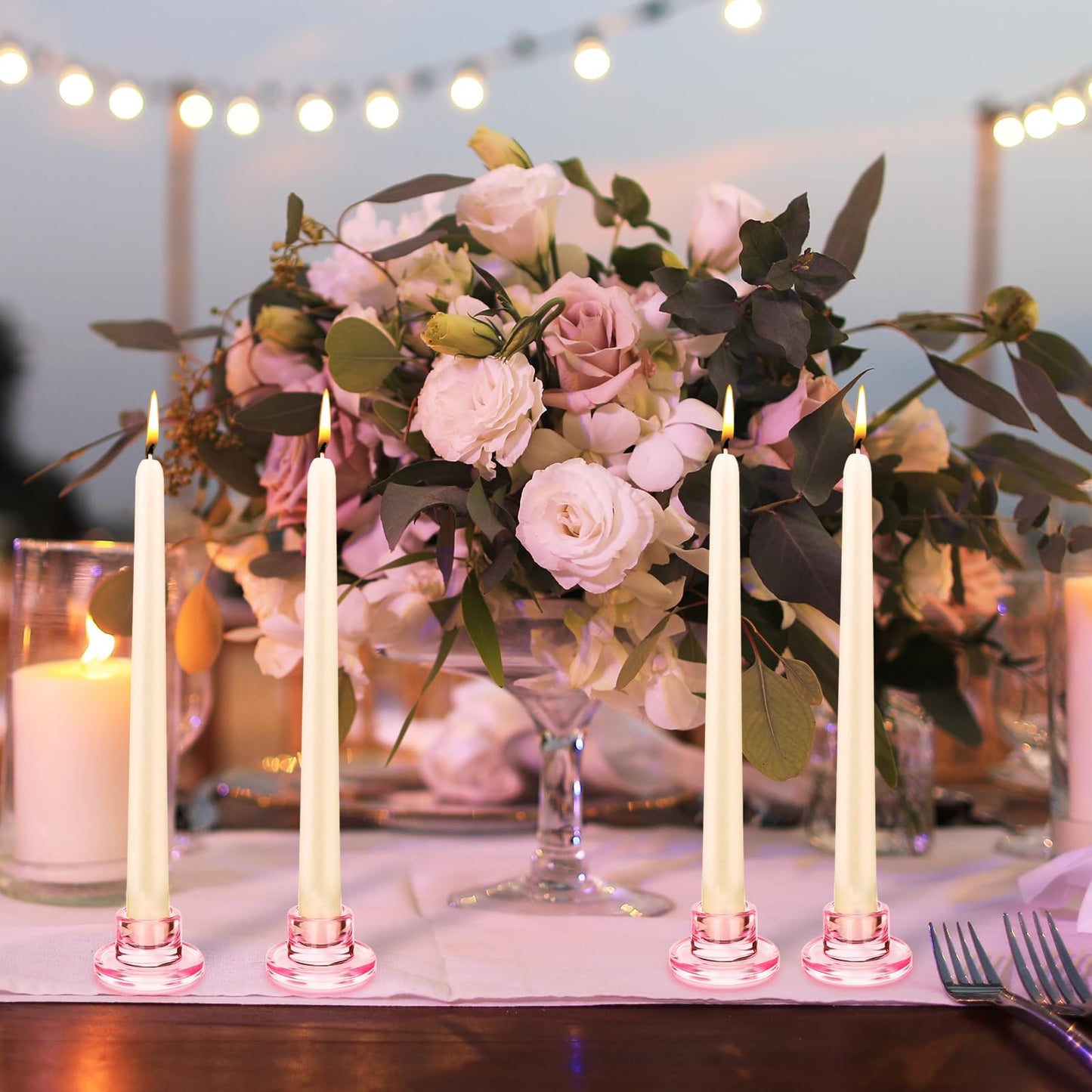 12 PCS Glass Taper Candle Holders Bulk Pink Candlestick Holders Clear Short Tapered Candle Stick Holder Decor Set for Table Centerpiece Wedding Party Advent Christmas Home Decorations