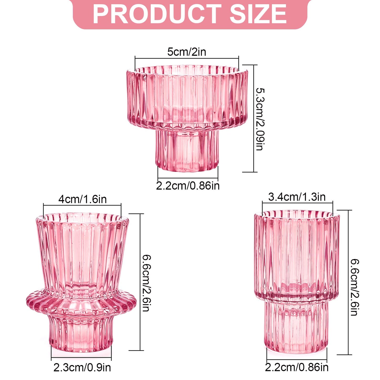 Toptime Candlestick Holders Set of 6, Ribbed Glass Taper Candle Holders, Reversible Pink Tealight & Candle Stick Candle Holder Vintage Crystal Tapered Candlestick for Wedding Dinner Party Festival
