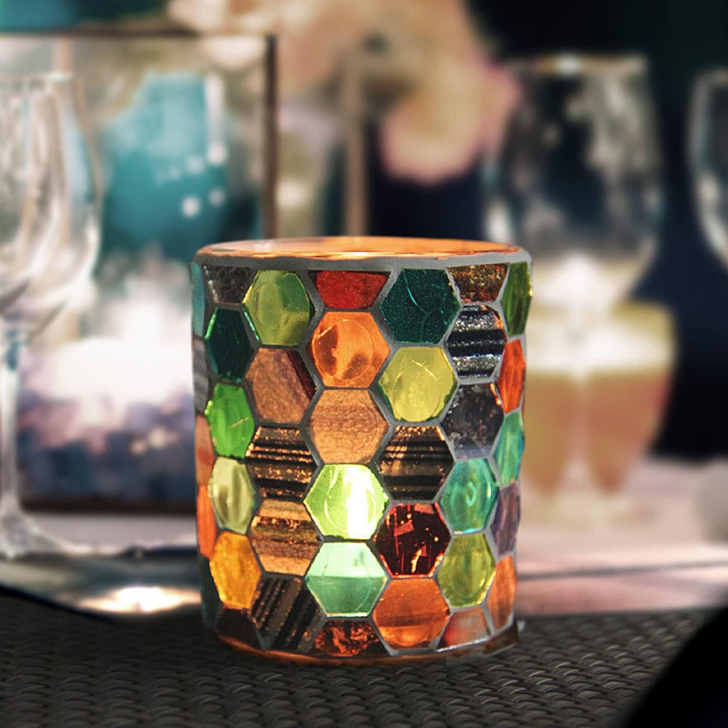 Votive Candle Holder, Glass Tealight Candle Holder with Mosaic Pattern Romantic for Essential Oil Diffuser, Table Centerpiece, Bath Decor