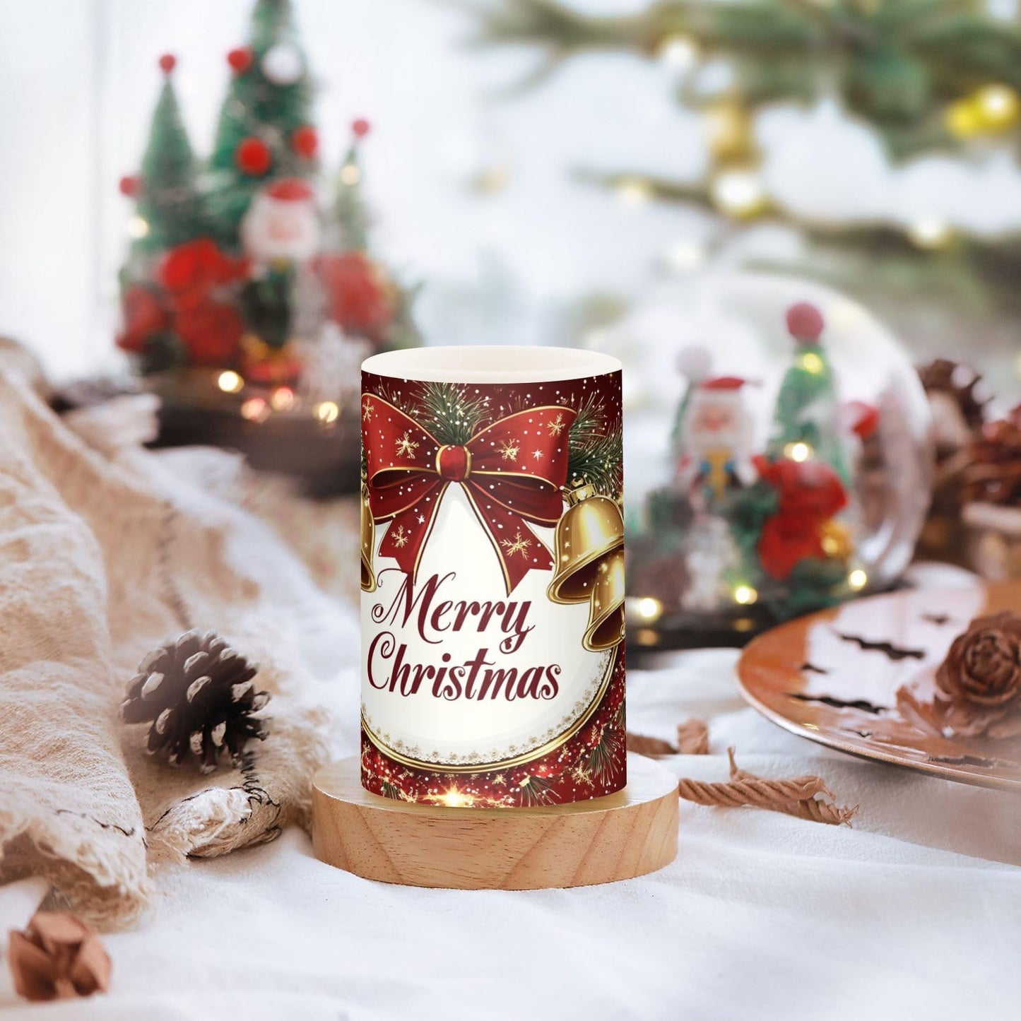 Eionryn Christmas Golden Bells Red Bow Flameless Candles Battery Operated LED Candles with Remote Timer Electric Candles for Home Party Decor 2pcs