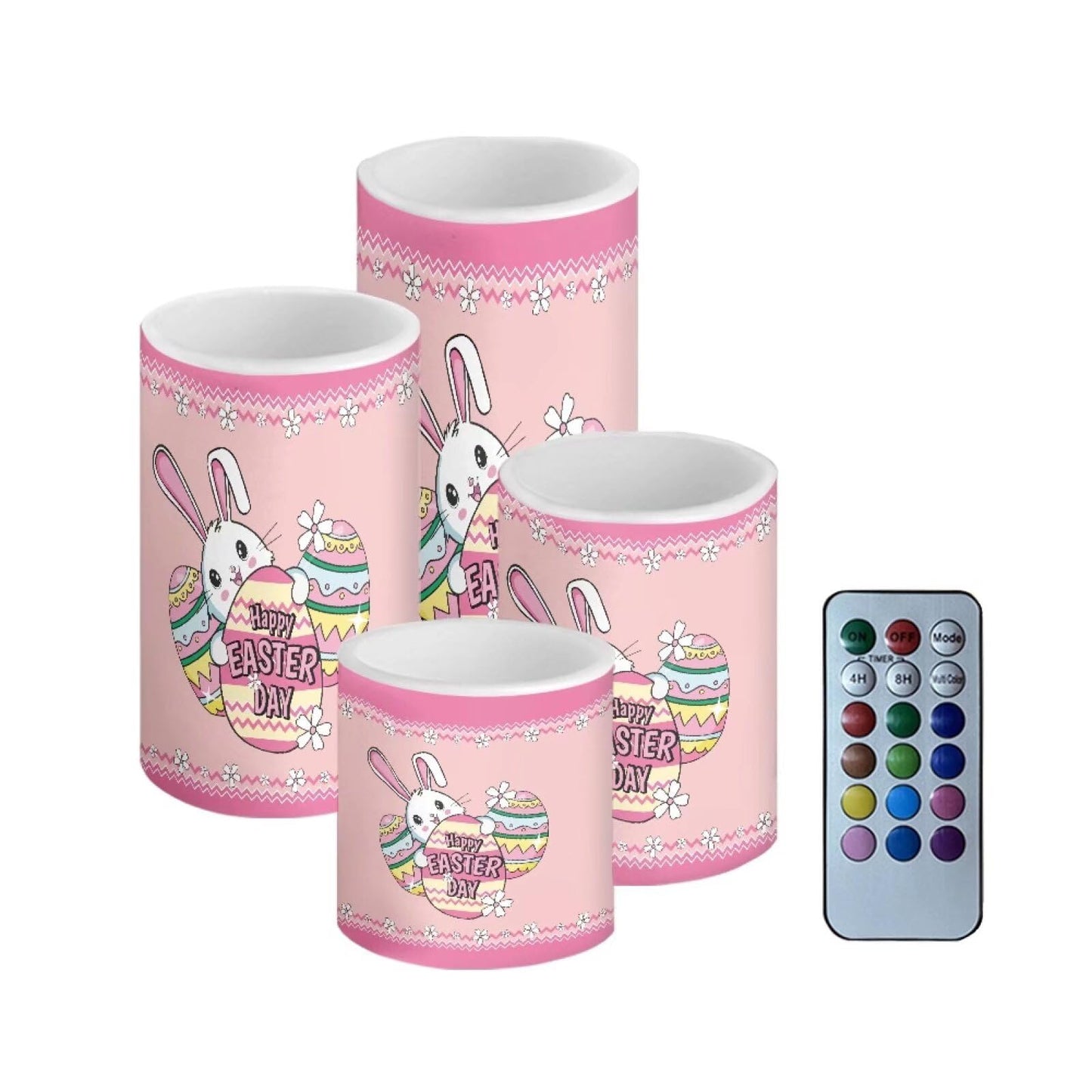 NETILGEN Happy Easter Day Decor Flameless Candles Electric Candle Set of 4 Easter Cute Bunny Print Flickering Candles with Timer Remote for Indoor Outdoor Holiday Decoration