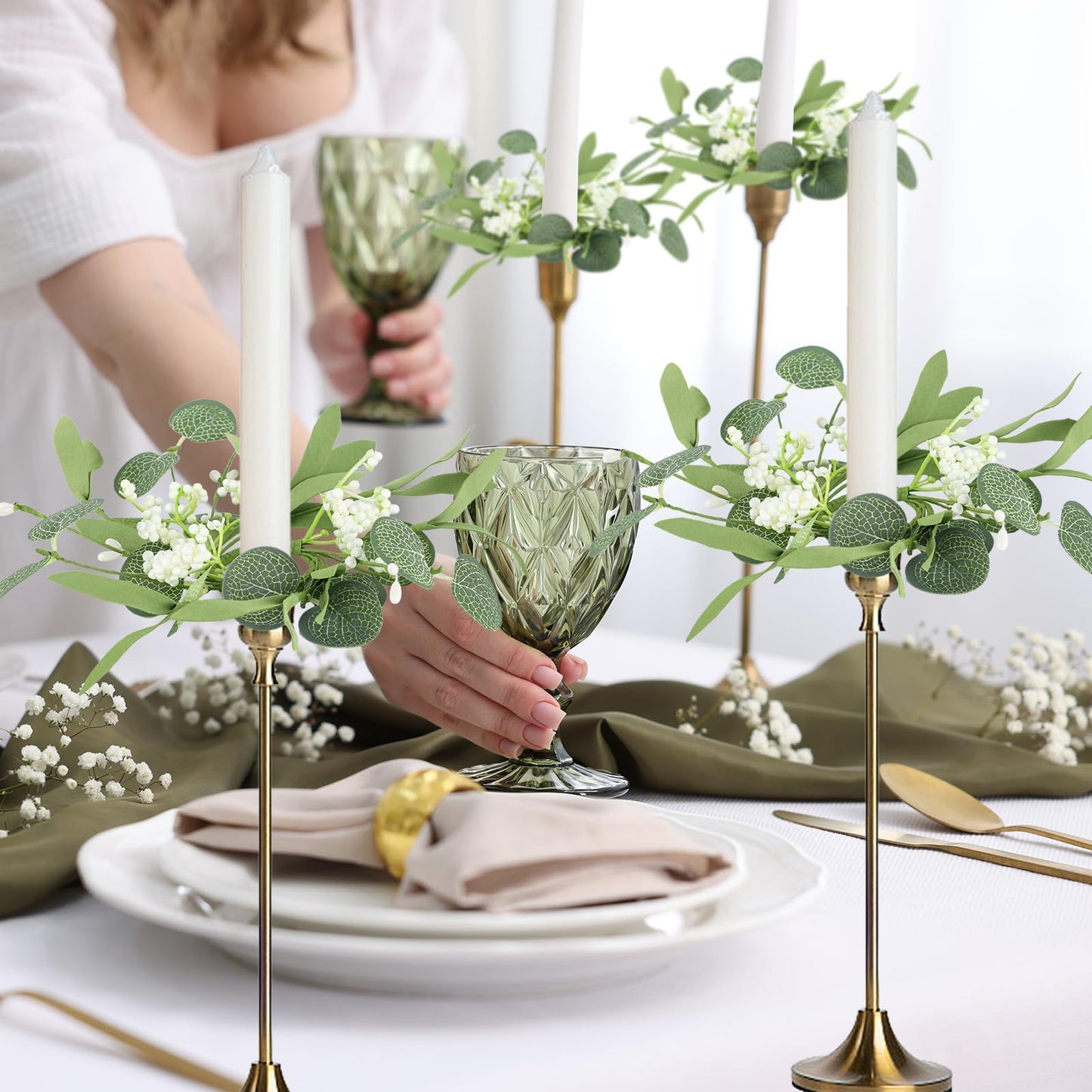 6 PCS Eucalyptus Taper Candle Rings Wreaths 1.38" Mini Spring Summer Floral Taper Candle Holder Wreaths Green Artificial Flower Table Centerpieces Wreath for Church Farmhouse Home Candlesticks Decor
